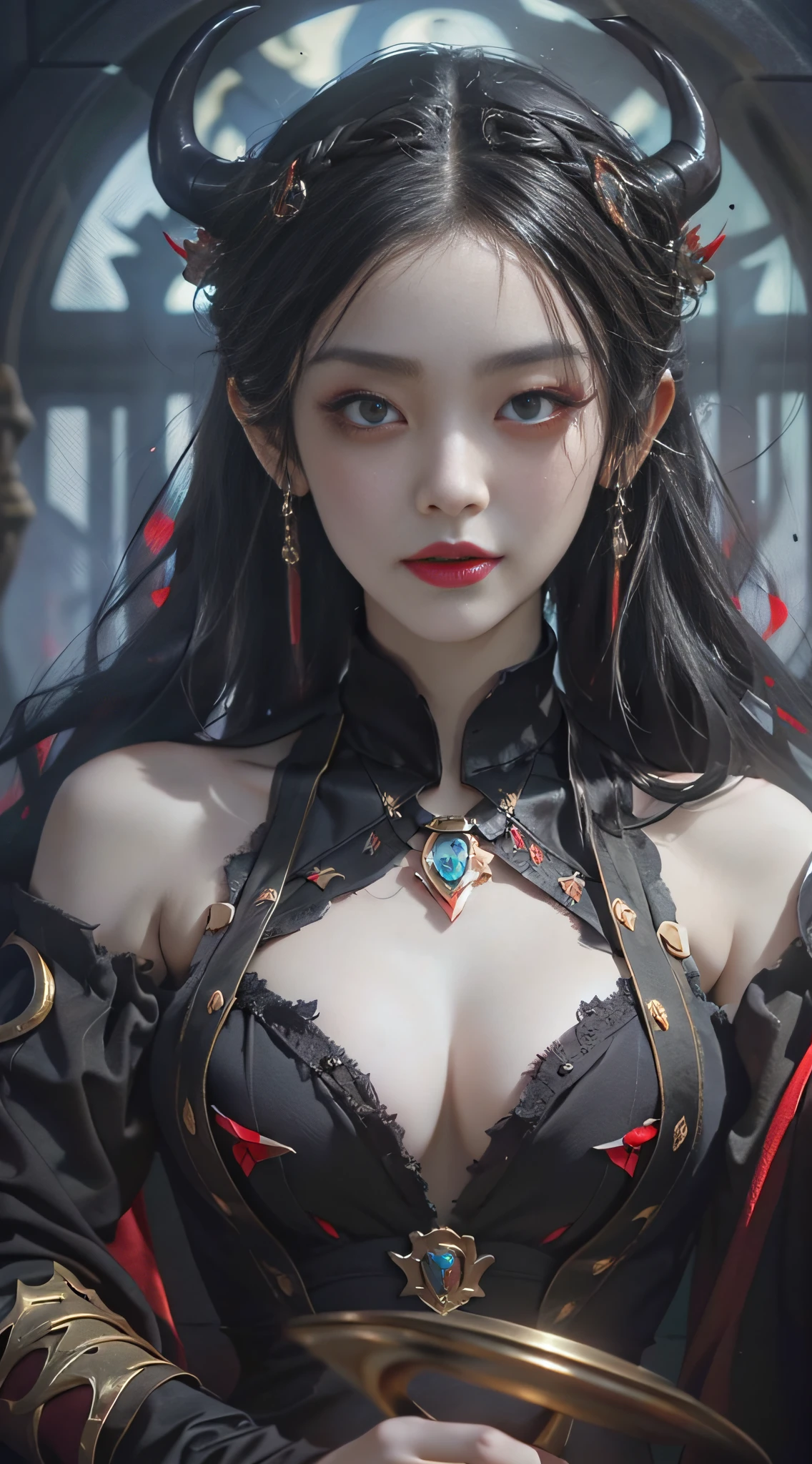 1 beautiful and seductive female devil, In the Dark: 1.6), surreal female portrait by David Hockney and Alphonse Mucha, fantasy art, korea doll, photorealism, dynamic lighting, artstation, poster, volumetric lighting, very detailed faces, 8k ultra, all body, Awarded, in the dark, deep shadow, low key, cowboy lens, (Red phoenix dress: 1.4), long hair, black hair, bust, luxurious palace, Royal style, devil crown, red eyes make up very sharp and detailed, The most beautiful face, big and regular breasts, Super realistic, chinese women's clothing, polo neck sweater, Charming smile, The eyes are very well made up, guweiz, devil style, loong, forehead mark, upper body, 2 bangs braided hair, Red lips, Devil tattoo on shoulder, wearing a thin red and black robe, the landscape is overcast and thunderous, Cover your hands with thin black gloves,