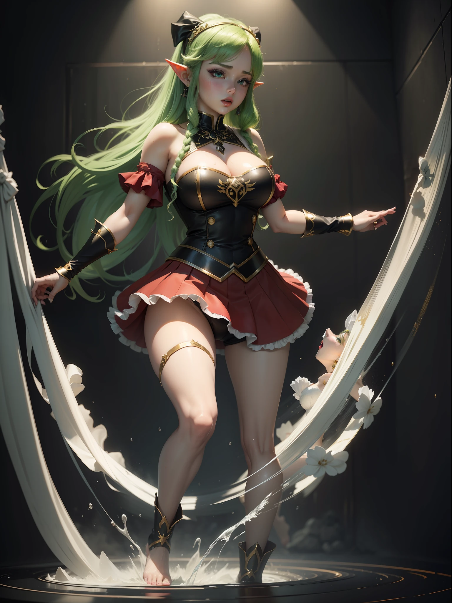 ((full-body photo, feet on the ground, front view)). Princess Zelda, {big breasts, red cheeks, red lipstick on her mouth, looking at the viewer}, ({black outfit with gold trim/maid outfit with short shorts)}, she's in a shower dripping water, clothes and hair soaked. She has {(very short green hair, blue eyes)}, anime, anime style, motion blur, 16k, high quality, super detail, textured skin, anatomically correct, masterpiece, masterpiece, masterpiece, UHD, ccurate