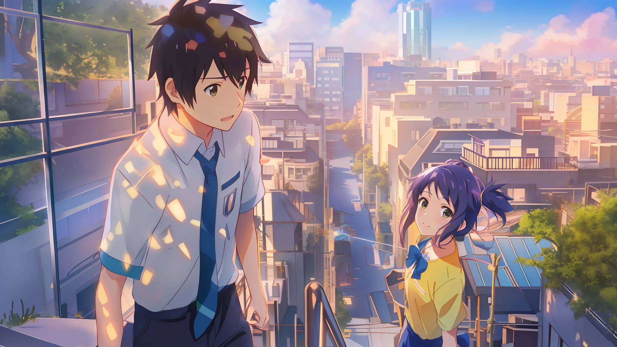 anime characters standing on a balcony overlooking a city, your name, kimi no na wa, your name movie style, ross tran and makoto shinkai, makoto shinkai movie, sakimichan and makoto shinkai, makoto shinkai and bioware, makoto shinkai. —h 2160, fiona staples and makoto shinkai