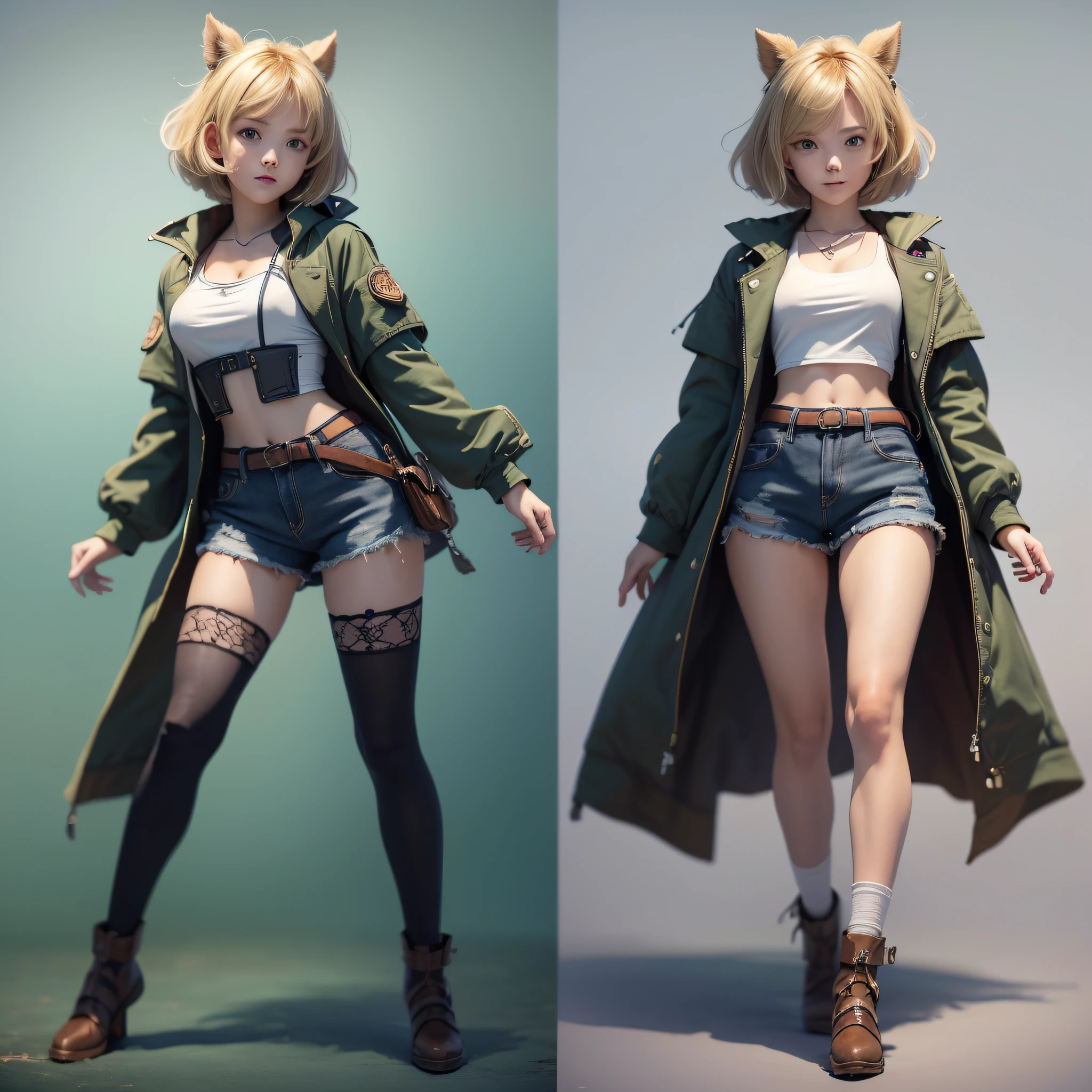 ((masterpiece)),((best quality))),(((character design sheet, same character, front, side, back)),(illustration), (1 CUTE 15-YEAR-OLD GIRL), FEMALE, JAPANESE ANIME STYLE, (Teen), smiling girl, (full body), (moletón coat and short shorts), blonde hair, black eyes, stylish stuck hair, cute, cute green eyes, scene change environment, pose too, charturnbetalora, (simple background, white background: 1.3) --auto --s2