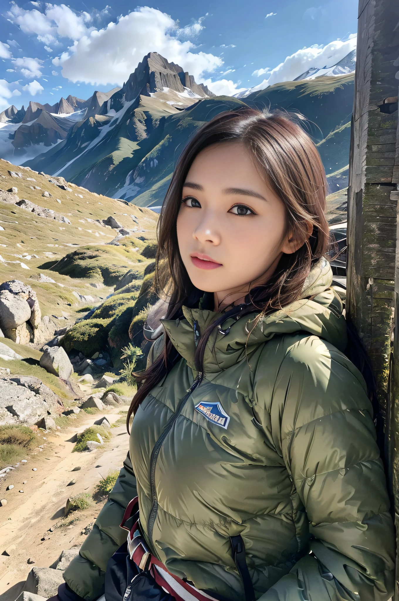 (masterpiece, top quality, 8K wallpaper, high resolution, ultra-realistic scenery), 1girl, solo, realistic face, angle a little far away, front, slender figure: 1.1, wearing black eyes, patagonia wear, trekking pants, carrying white backpack: 1.2, mountain girl style, backpacker, mountaineer, beautiful morning sun in the background while climbing, tent in mountain, trekking shoes, detailed face, detailed eyes, detailed nose, detailed mouth, mountain