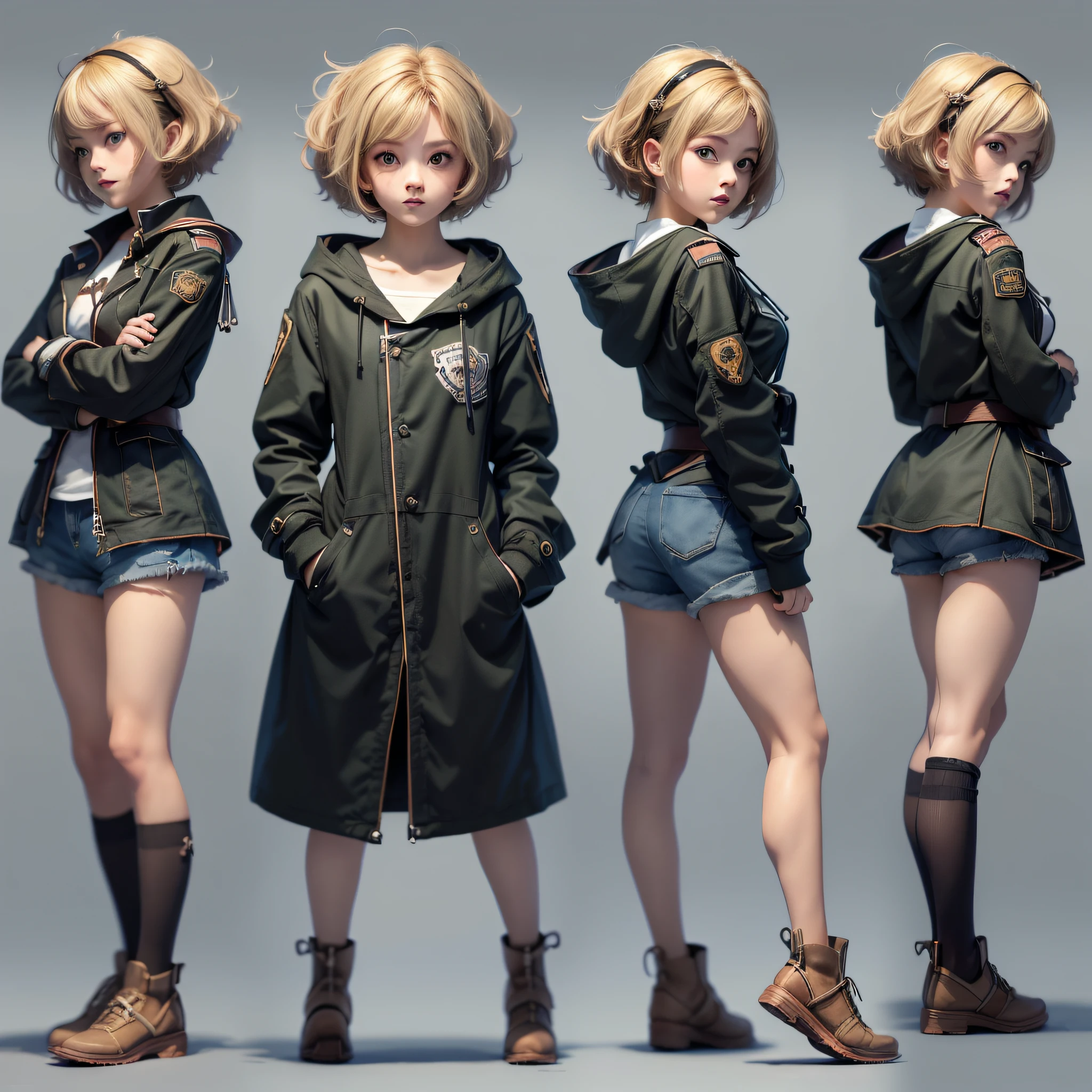 ((masterpiece)),((best quality))),(((character design sheet, same character, front, side, back)),(illustration), (1 CUTE 15-YEAR-OLD GIRL), FEMALE, JAPANESE ANIME STYLE, (Teen), smiling girl, (full body), (moletón coat and short shorts), blonde hair, black eyes, stylish stuck hair, cute, cute green eyes, scene change environment, pose too, charturnbetalora, (simple background, white background:  1.3) --auto --s2