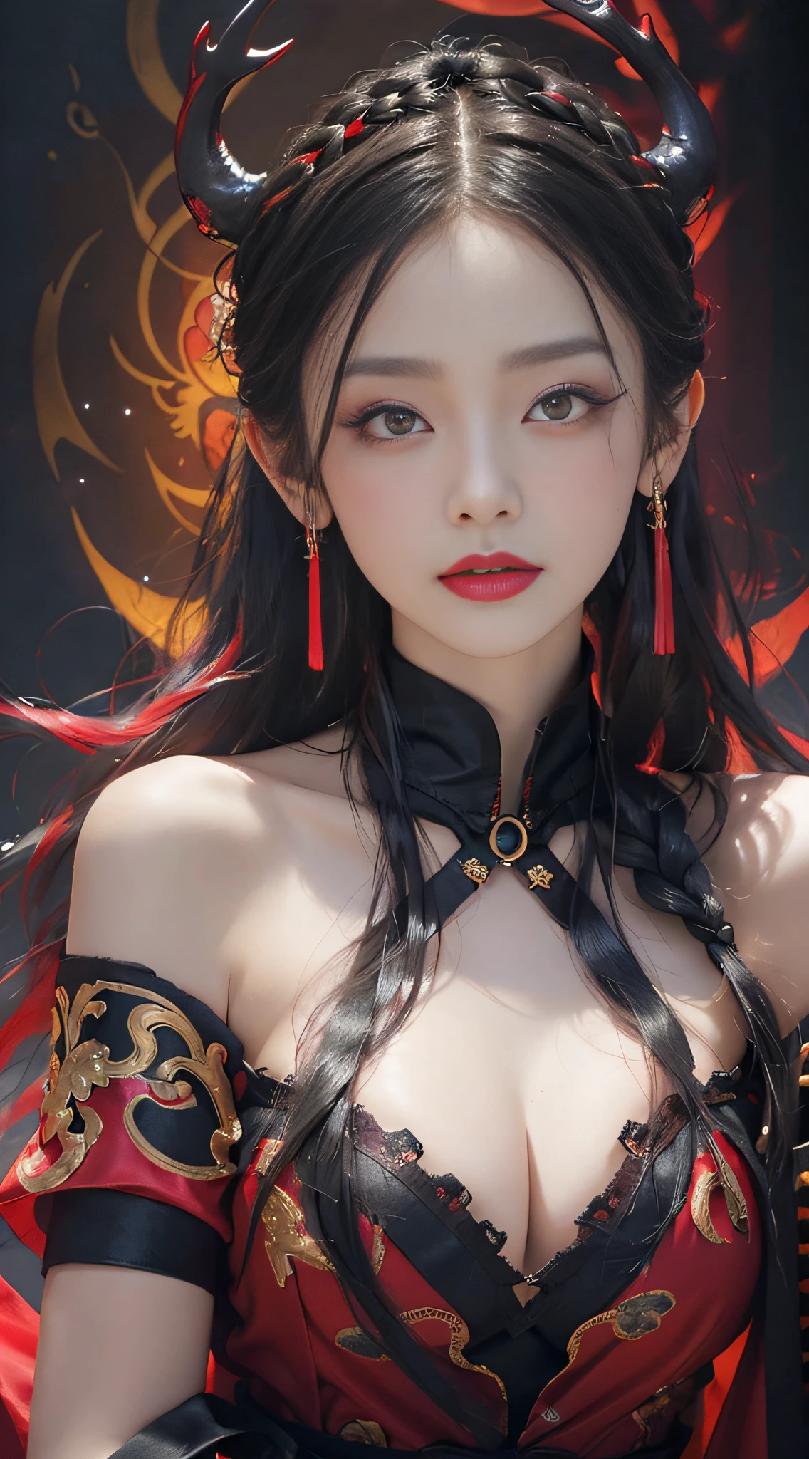 1 beautiful and seductive female devil, In the Dark: 1.6), surreal female portrait by David Hockney and Alphonse Mucha, fantasy art, korea doll, photorealism, dynamic lighting, artstation, poster, volumetric lighting, very detailed faces, 8k ultra, all body, Awarded, in the dark, deep shadow, low key, cowboy lens, (Red phoenix dress: 1.4), long hair, black hair, bust, luxurious palace, Royal style, devil crown, red eyes make up very sharp and detailed, The most beautiful face, big and regular breasts, Super realistic, chinese women's clothing, polo neck sweater, Charming smile, The eyes are very well made up, guweiz, devil style, loong, forehead mark, upper body, 2 bangs braided hair, Red lips, Devil tattoo on shoulder, wearing a thin red and black robe, the landscape is overcast and thunderous, Cover your hands with thin black gloves,