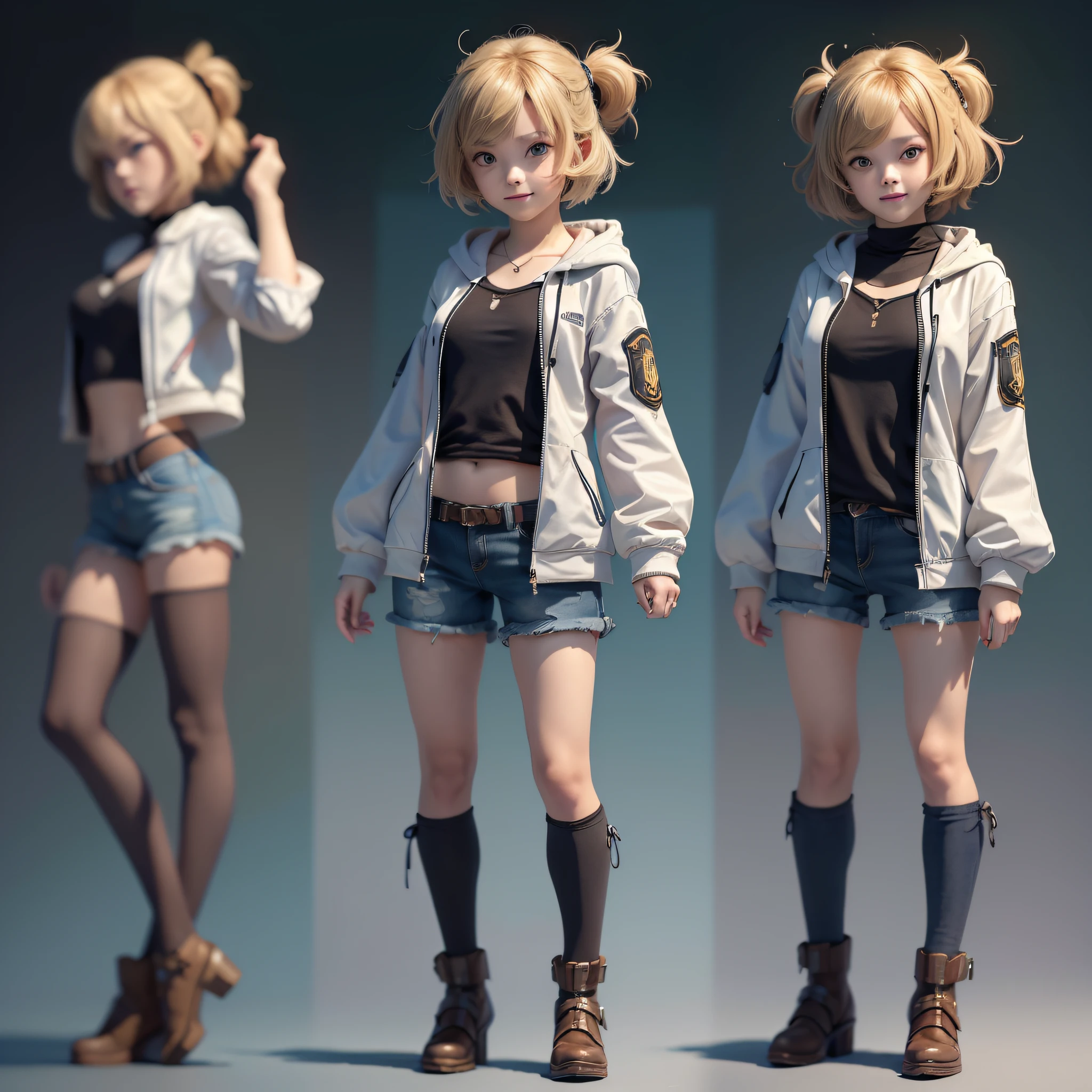 ((masterpiece)),((best quality))),(((character design sheet, same character, front, side, back)),(illustration), (1 CUTE 15-YEAR-OLD GIRL), FEMALE, JAPANESE ANIME STYLE, (Teen), smiling girl, (full body), (moletón coat and short shorts), blonde hair, black eyes, stylish stuck hair, cute, cute green eyes, scene change environment, pose too, charturnbetalora, (simple background, white background:  1.3) --auto --s2