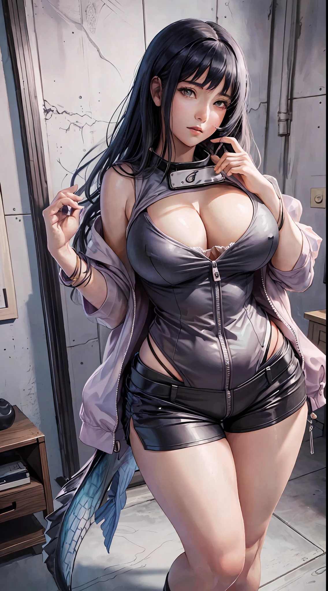 Masterpiece, highres, high Quality, detailed face, detailed body render, 1girl, solo, hyuuga hinata, hinata-sleeveless-outfit, large breasts, big breast, sleeveless shirt, fishnet top, dark lips, unzipped jacket, no bra, breasts out, nipple, standing, blushes, (on bedroom)