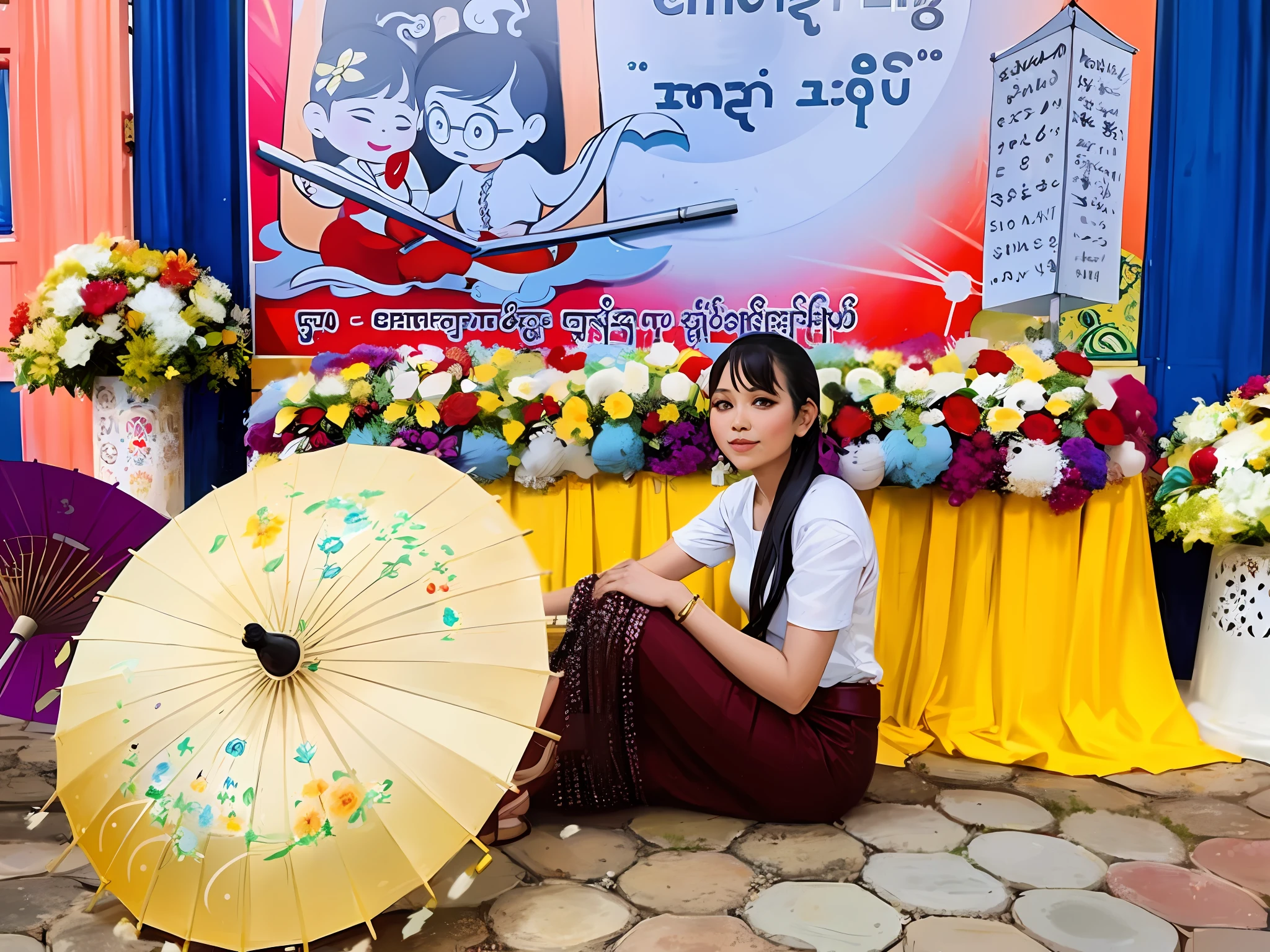 there is a woman sitting on the ground with an umbrella, traditional art, nivanh chanthara, photo taken in 2 0 2 0, wonderful masterpiece, a picture, profile picture, traditional beauty, in front of a temple, nuttavut baiphowongse, traditional dress, contest winning masterpiece, full - view, fine art piece, student