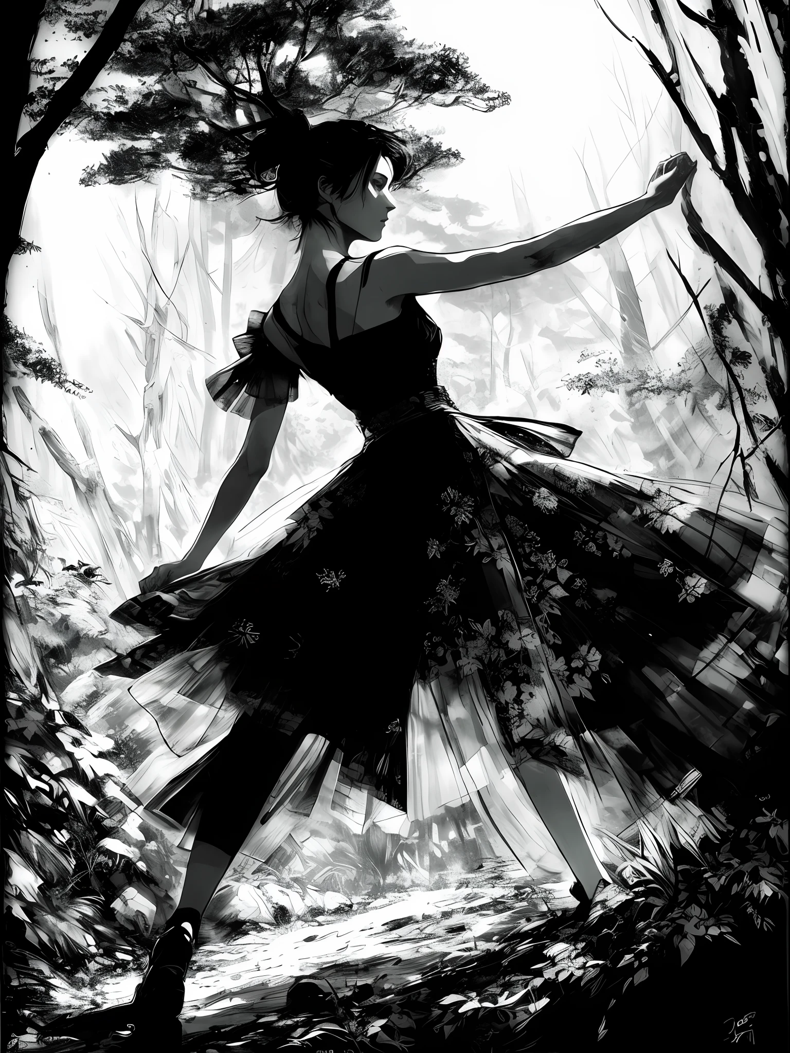 Dance in the forest, Yoji Shinkawa style, black and white, print, super detailed