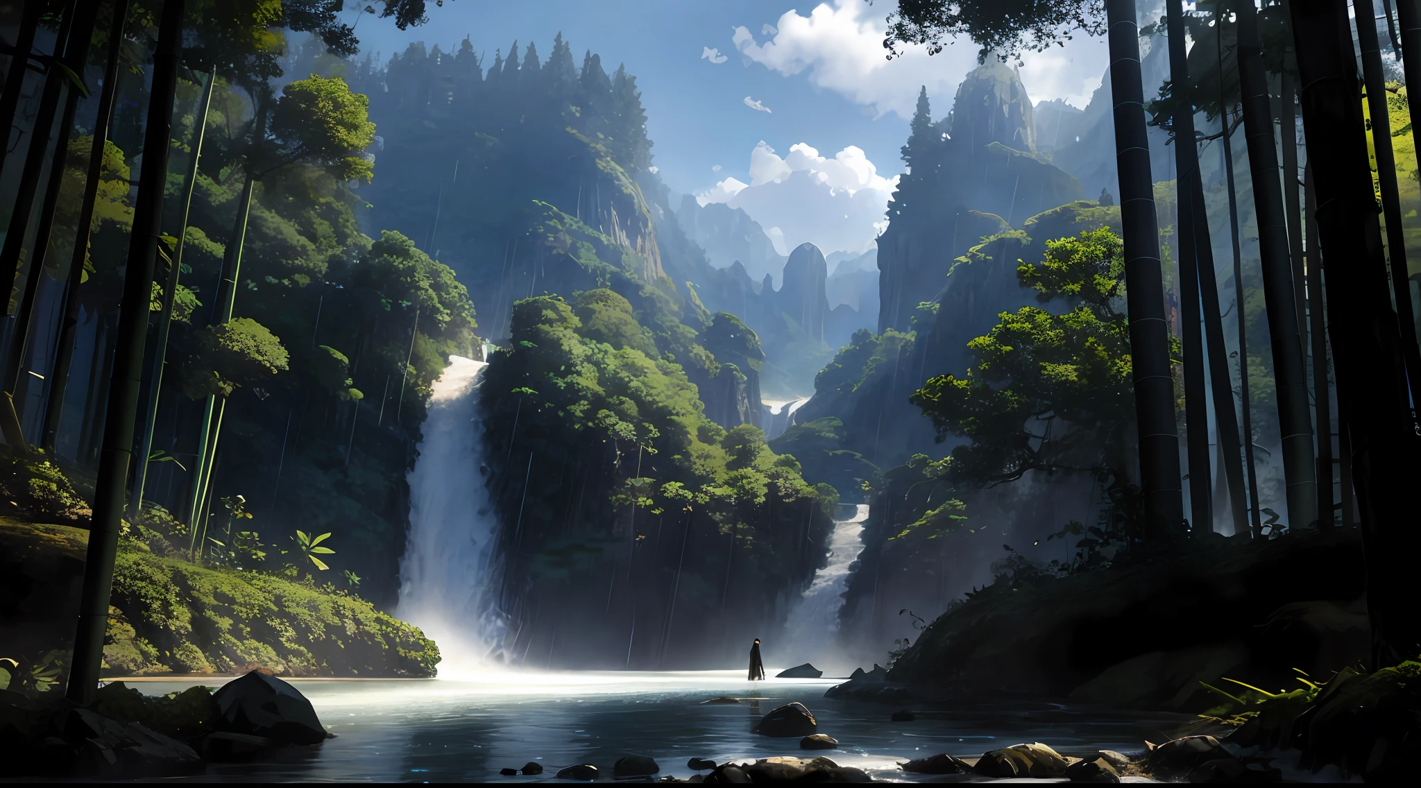 ConceptArt, no humans, scenery, day, tree, cloud, Outdoor, nature, blue sky, Mountain stream, Bamboo forest Cute girl, photo taken from afar, jungle background, detailed, wet mud floor, rainy weather, A lush and vibrant landscape with huge trees that stretch as far as the eye can see. In the background, mysterious creatures of magical forms among the trees, giving an air of mystery and adventure. Marvel style, digital painting, art station, concept art, breathtaking, high detail, very detailed, beautiful, scenery photos, hyperrealism, Unreal Engine 5, wet white skirt, fallen pose,