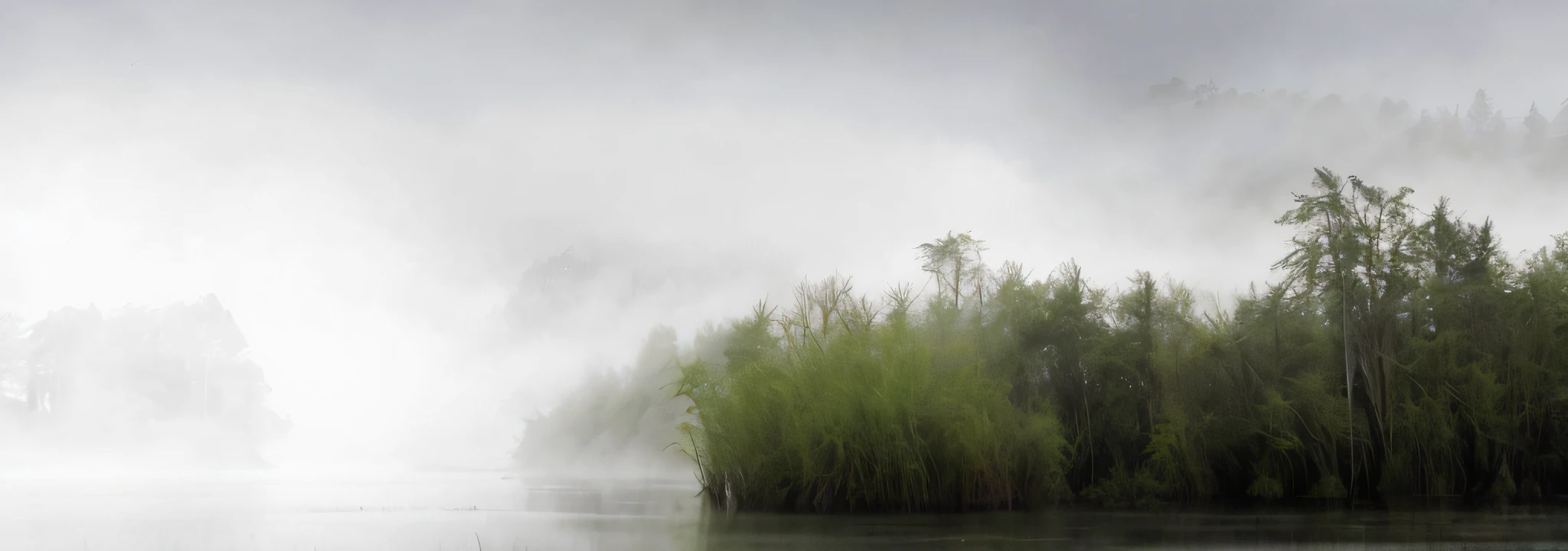 there is a boat that is floating in the water near a forest, overcast lake, misty swamp, in a foggy lake, misty environment, foggy swamp, swampy atmosphere, in a misty pond, water mists, inspired by Chris Friel, light green mist, ethereal landscape, water fog, by Béla Nagy Abodi, in a foggy pond, marsh --auto --s2