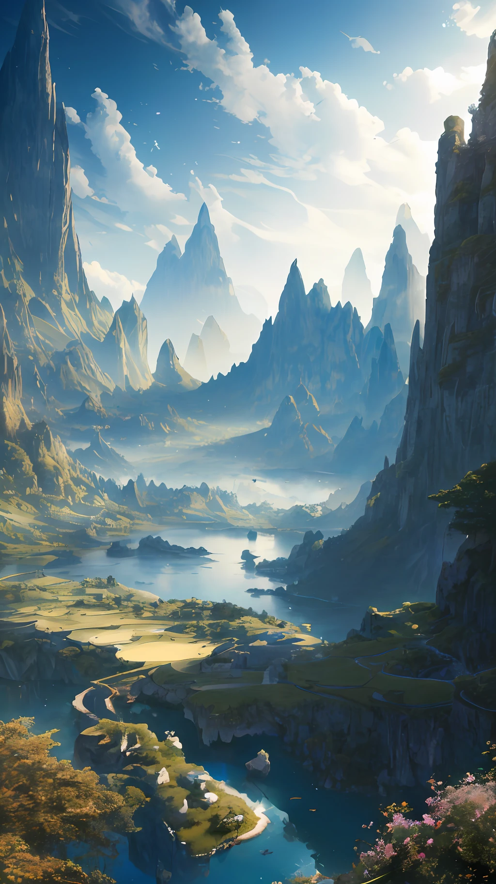 Masterpiece, best quality, high quality, extremely detailed CG unity 8k wallpaper, landscape, outdoor, sky, cloud, sky, no humans, mountain, landscape, water, tree, blue sky, waterfall, cliff, nature, lake, river , cloudy skies, award winning photography, bokeh, depth of field, HDR, bloom, chromatic aberration, photorealism, very detailed, trending on artstation, trending on CGsociety, intricate, high detail, dramatic, midjourney art