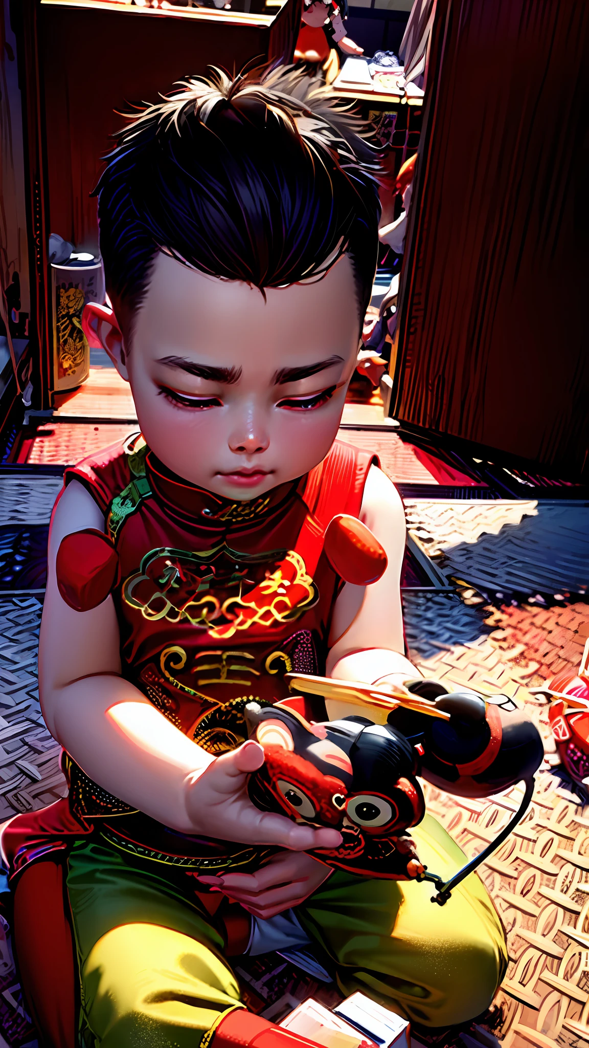 there is a baby that is sitting on the floor with a toy, wearing a red cheongsam, traditional chinese, holding origami qilin, , ruan jia beautiful!, loong, cai xukun, chinese style, inspired by Xie Huan, li zixin, he is about 30 years old, he is about 3 0 years old