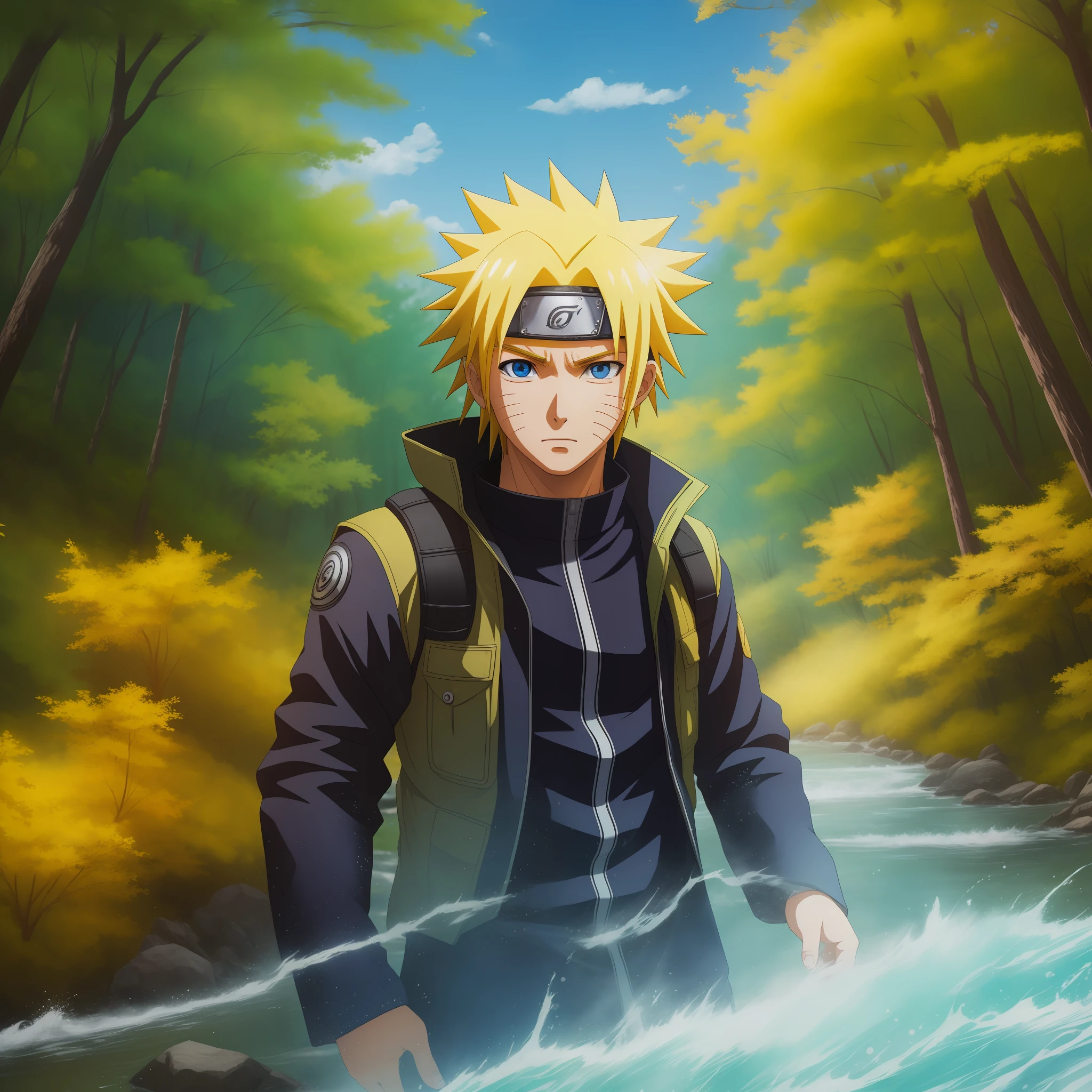 ((best quality, ultra-detailed, masterpiece)), anime style,Naruto theme, yellow hair, forest background, blue sky, depth of field, Volumetric light.