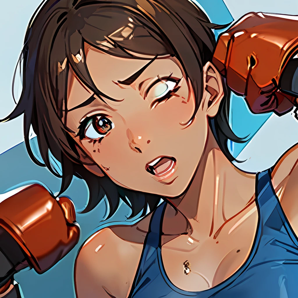 Mocha brown short cut woman. ((Red boxing gloves pressed against the woman's face)). ((wearing a blue sports bra)). One eye is closed. Sweat and tears. Close-up image. Sideways face. One woman