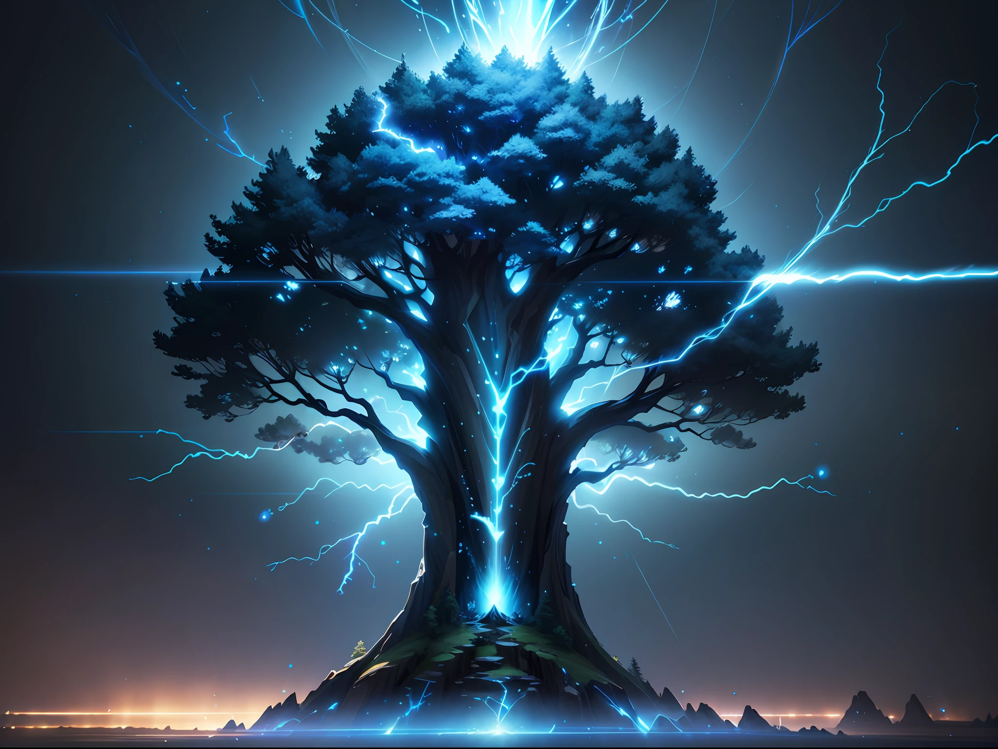 (World Tree exudes blue and black lightning particle effects), 3D rendering, (cinematic light effects, cinematic special effects), 8K resolution, very detailed, clear digital painting, concept art, (pixiv trend and artstation trend with Makoto Shinkai's style).