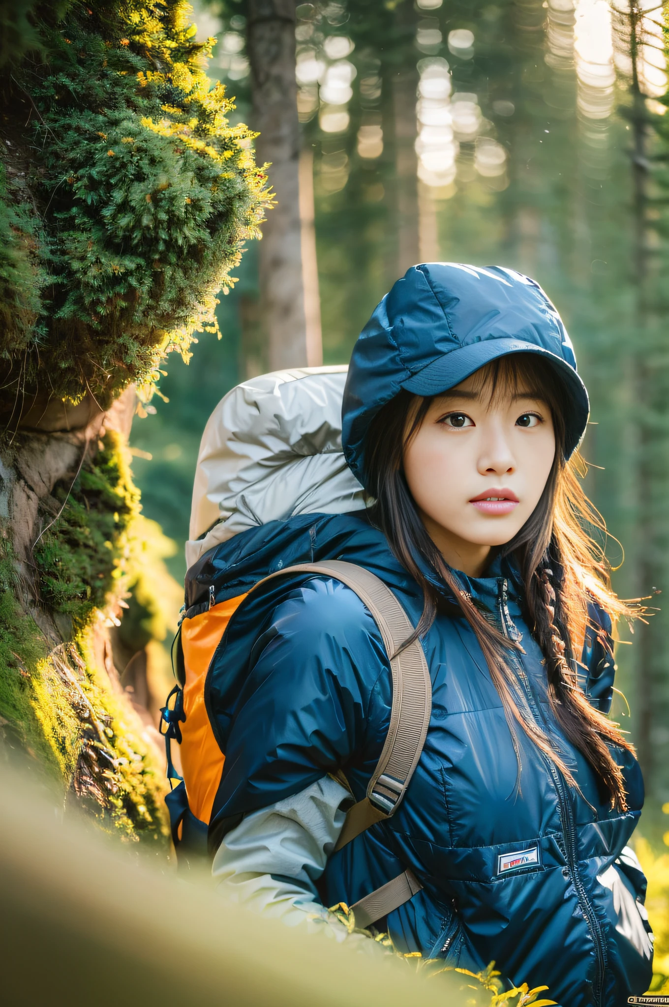 (masterpiece, top quality, 8K wallpaper, high resolution, ultra-realistic scenery), 1girl, solo, realistic face, glossy skin, angle is a little far away, front, slender figure: 1.1, black eyes, wearing patagonia wear, trekking pants, carrying white backpack: 1.2, mountain girl style, backpacker, mountaineer, beautiful morning sun on background, Trekking shoes, detailed face, detailed eyes, detailed nose, detailed mouth, big black pants, face out of sleeping bag