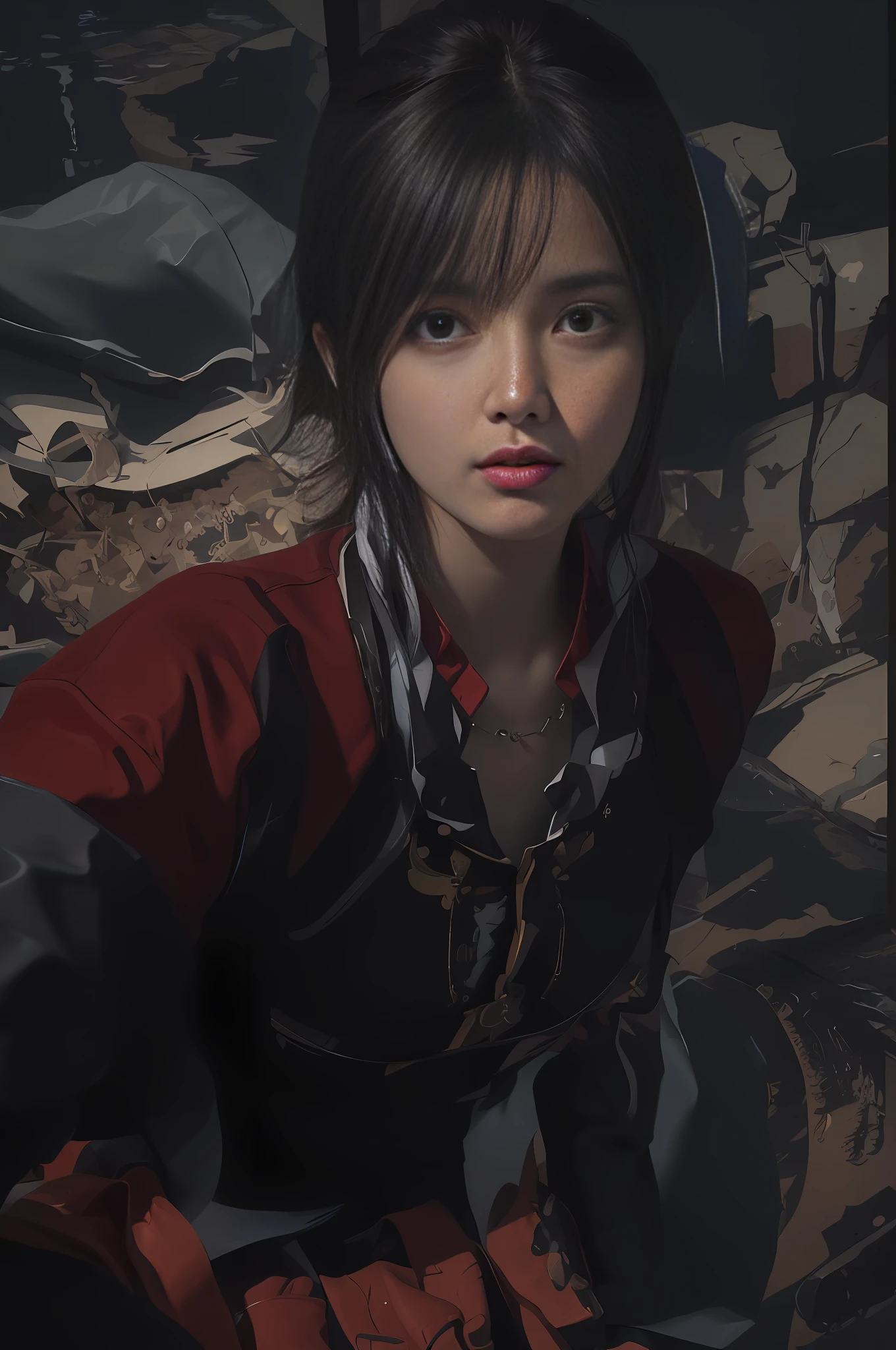 "There is a very detailed face in the dark, 1girl in official uniform, long hair and black/red hanfu. It is a surreal portrait of a woman by David Hockney and Alfa Mumei, in the style of fantasy art and realistic photographs. Using dynamic lighting and volumetric lighting, it was shot at the angle of the Cowboy Shot, presenting 4K picture quality. This award-winning poster can be viewed on ArtStation. Clothes through"