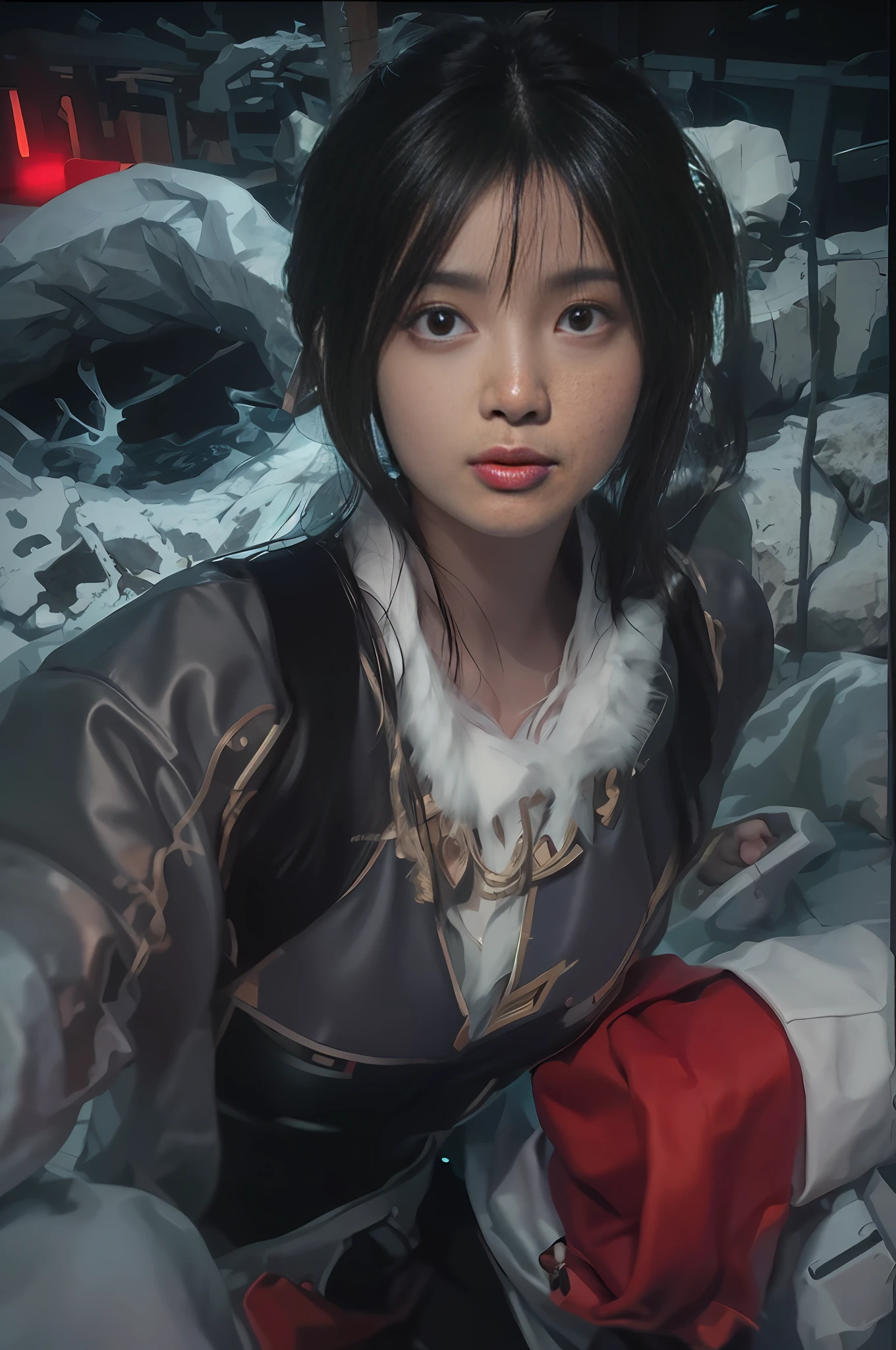 "There is a very detailed face in the dark, 1girl in official uniform, long hair and black/red hanfu. It is a surreal portrait of a woman by David Hockney and Alfa Mumei, in the style of fantasy art and realistic photographs. Using dynamic lighting and volumetric lighting, it was shot at the angle of the Cowboy Shot, presenting 4K picture quality. This award-winning poster can be viewed on ArtStation. "