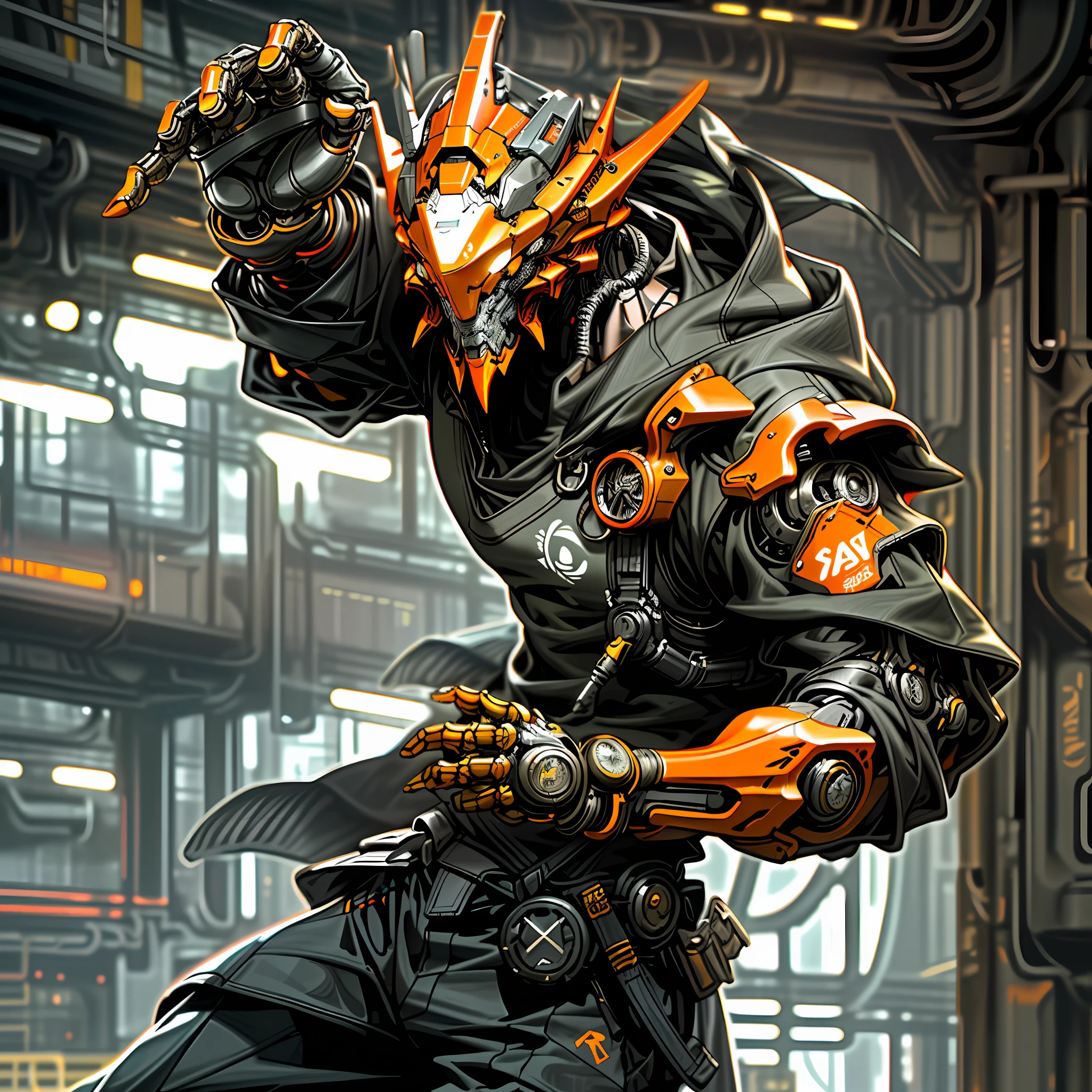 Cyberpunk, orange battle robot, head, steel armor, sharp eyes, orange light, master-like, detailed, HD