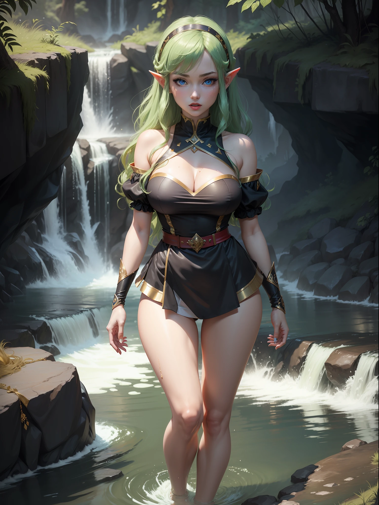 ((full-body photo, feet on the ground, front view)). Princess Zelda, {big breasts, red cheeks, red lipstick on her mouth, looking at the viewer}, ({black outfit with gold trim/maid's outfit with short shorts)}, she's bathing in a waterfall in an open area falling water, clothes and hair soaked. She has {(short green hair, blue eyes)}, anime, anime style, motion blur, 16k, high quality, super detail, textured skin, anatomically correct, masterpiece, masterpiece, masterpiece, UHD, ccurate