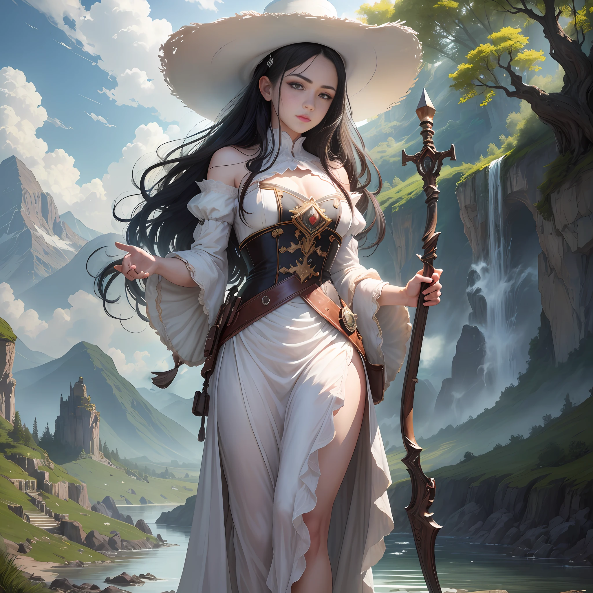 there is a woman in a white dress and a hat holding a stick, fantasy art style, 2. 5 d cgi anime fantasy artwork, 4k fantasy art, by Yang J, epic fantasy art style, chengwei pan on artstation, high quality fantasy art, fantasy style art, epic fantasy art style hd, artwork in the style of guweiz