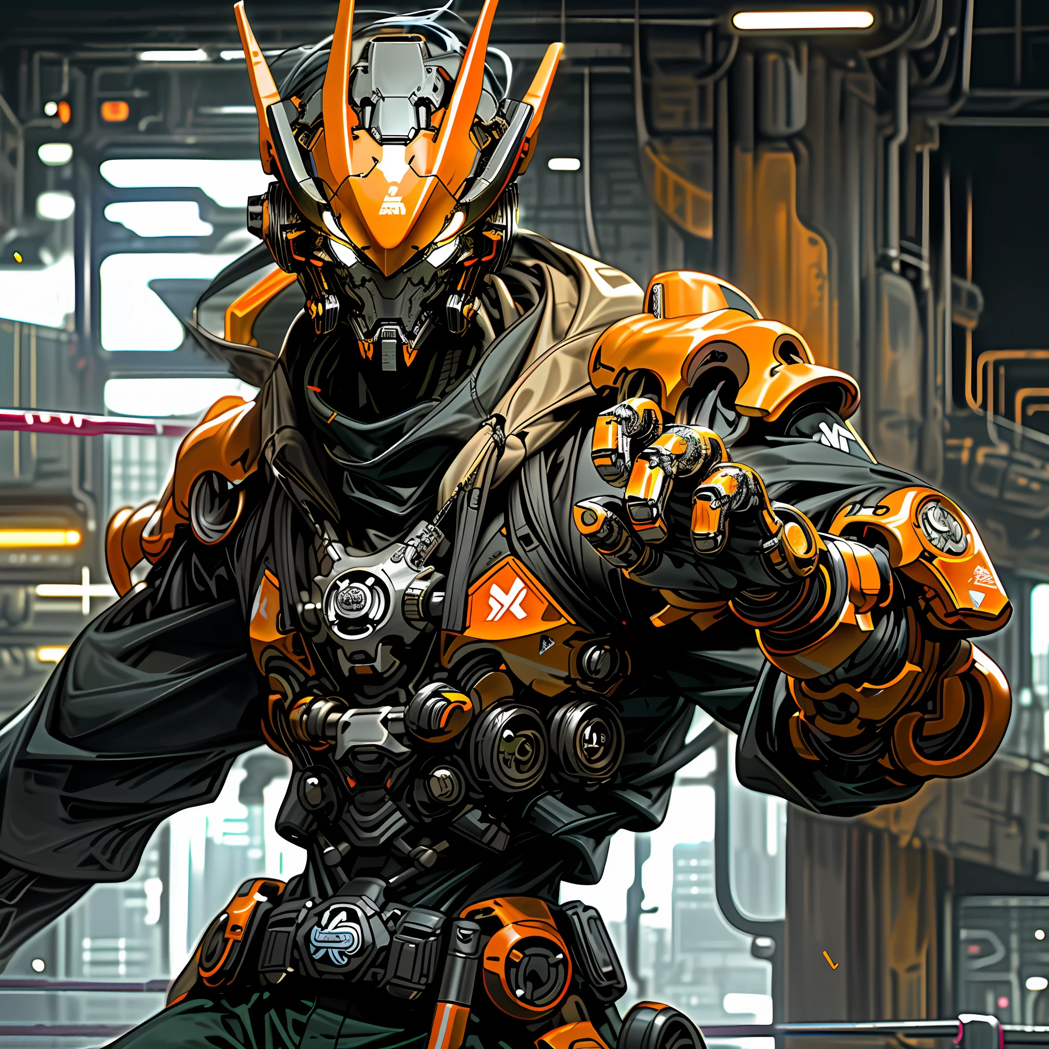 Cyberpunk, orange steel ninja, battle robot head, master-like, yellow light, sharp eyes, HD, detail