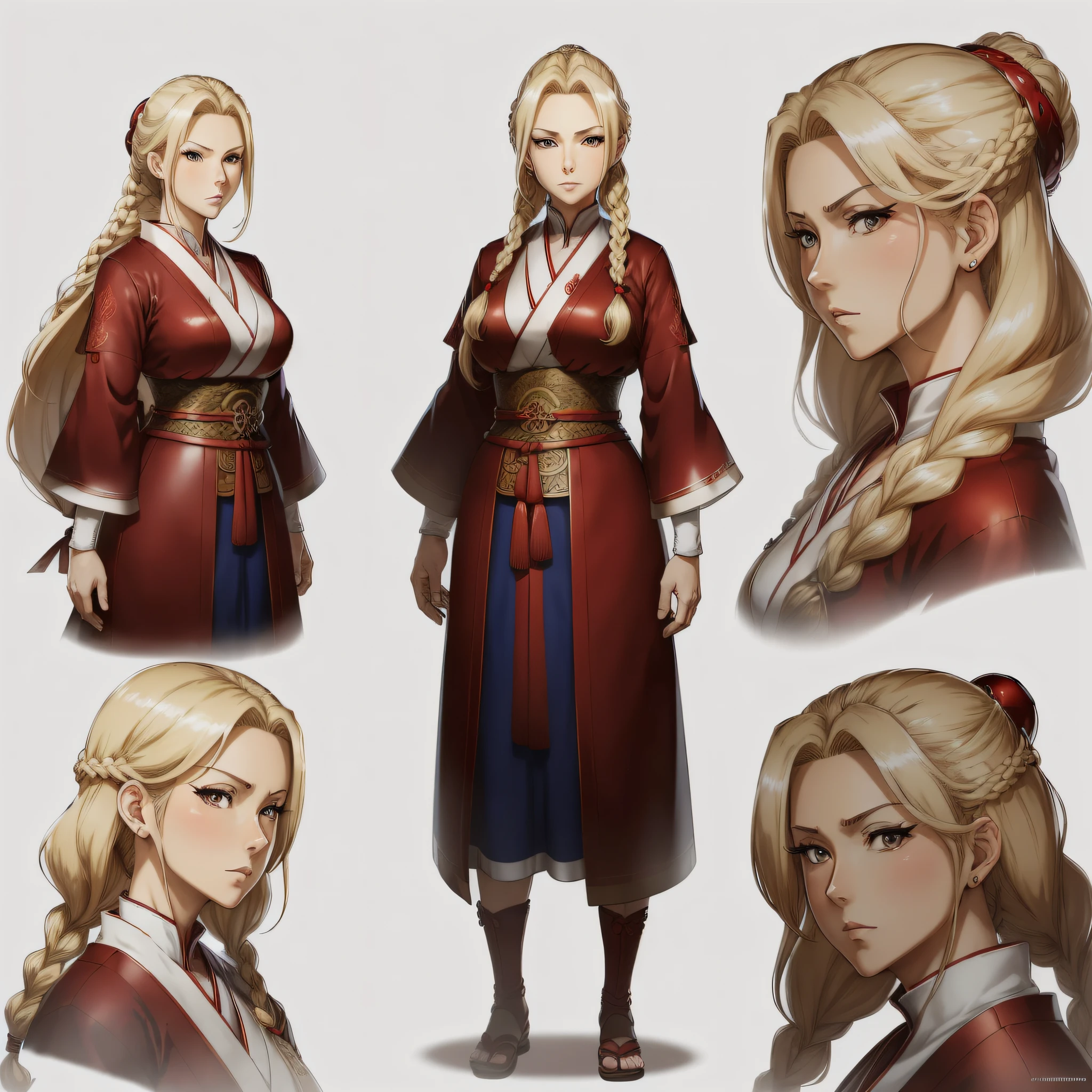 ((masterpiece)),((best quality))),(((character design sheet, same character, front, side, back)),(illustration), (1 Older woman 47 years old), female, Japanese anime style, (mature woman), tall woman, (full body), (chic red and black color dress), blonde hair, blue eyes, hair stuck braided Viking style, viking hairstyle, scene change environment, pose too, charturnbetalora, (single background, white background: 1.3) --auto --s2