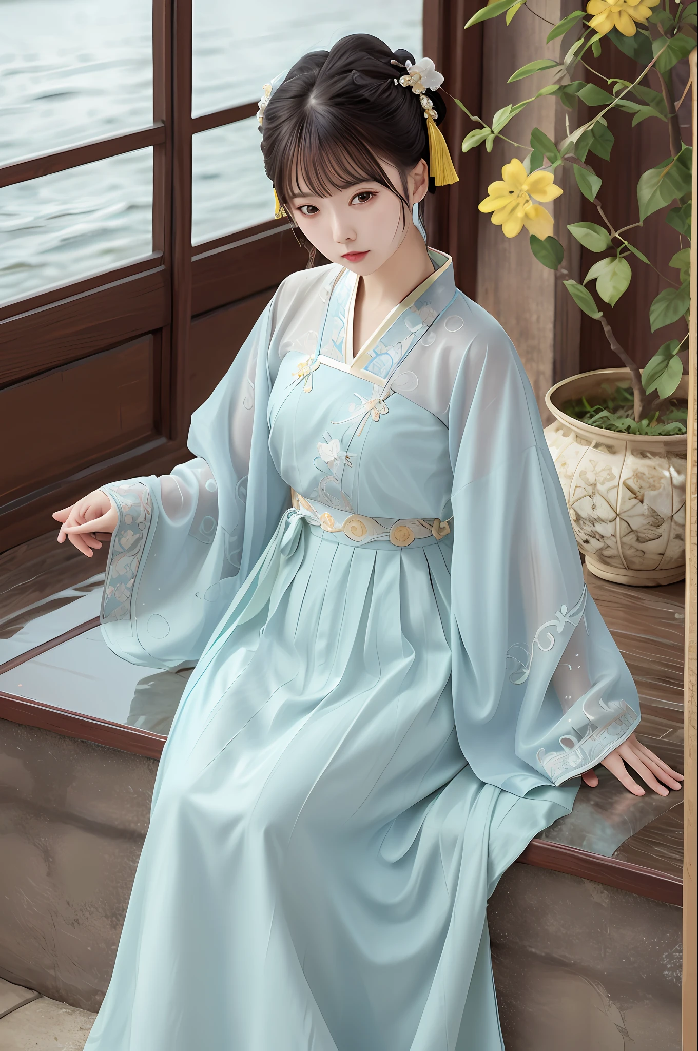 best quality, intricate details, highres,(beautiful detailed water:1.4),(hanfu, tang style),yellow eyes,(1girl in glass jar:1.1),