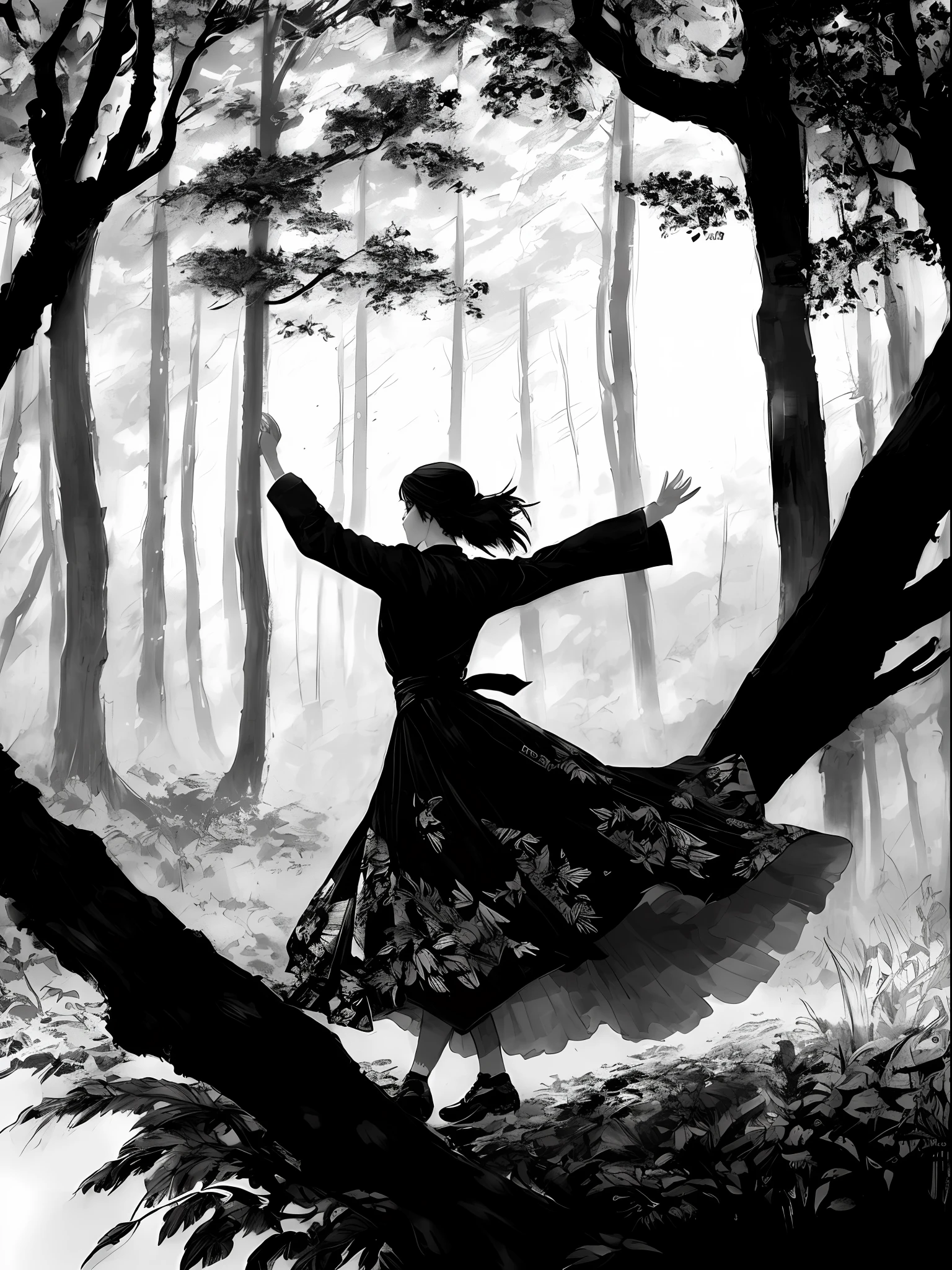 Dance in the forest, Yoji Shinkawa style, black and white, print, super detailed