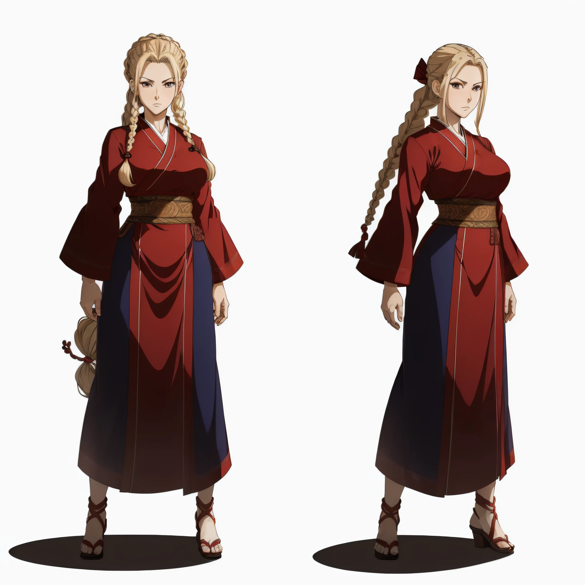 ((masterpiece)),((best quality))),(((character design sheet, same character, front, side, back)),(illustration), (1 Older woman 47 years old), female, Japanese anime style, (mature woman), tall woman, (full body), (chic red and black color dress), blonde hair, blue eyes, hair stuck braided Viking style, viking hairstyle, scene change environment, pose too, charturnbetalora,  (single background, white background: 1.3) --auto --s2