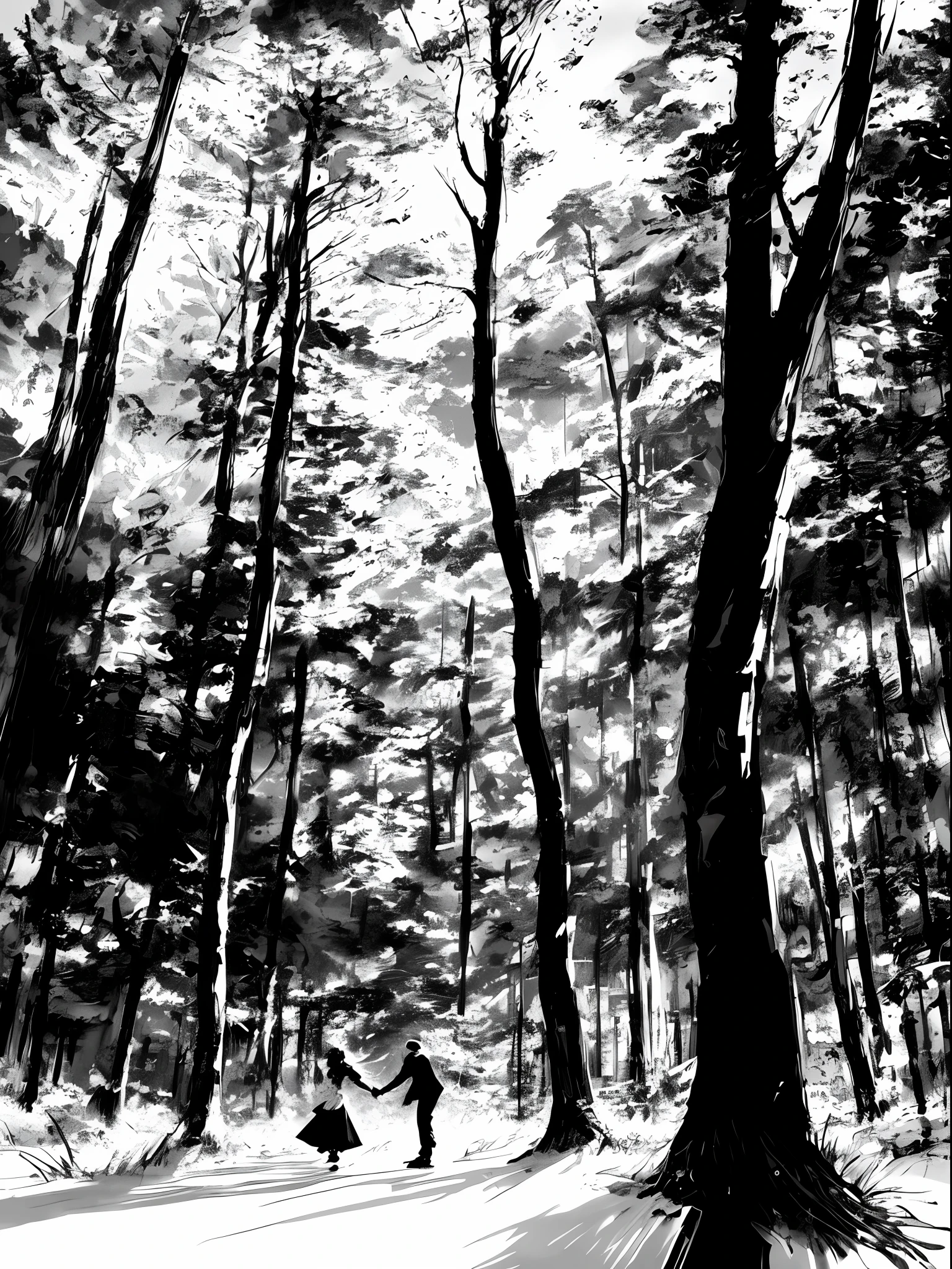 Dance in the forest, Yoji Shinkawa style, black and white, print, super detailed