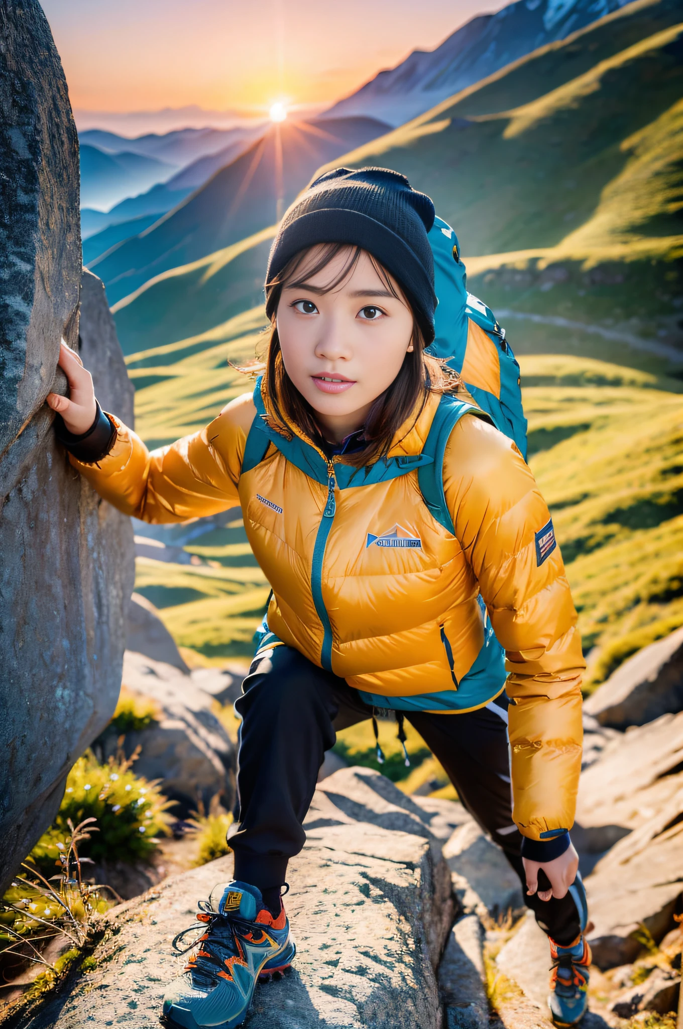 (masterpiece, best quality, 8K wallpaper, high resolution, ultra-realistic view, there is a tent), 1girl, solo, looking at viewer, standing, open arms, realistic face, glossy skin, angle is a little far away, slender figure: 1.1, black eyes, wearing patagonia clothing, trekking pants, carrying backpack: 1.2, Mountain girl style, likes climbing, mountaineer, beautiful sunset on background, trekking shoes, detailed face, detailed eyes, detailed nose, detailed mouth