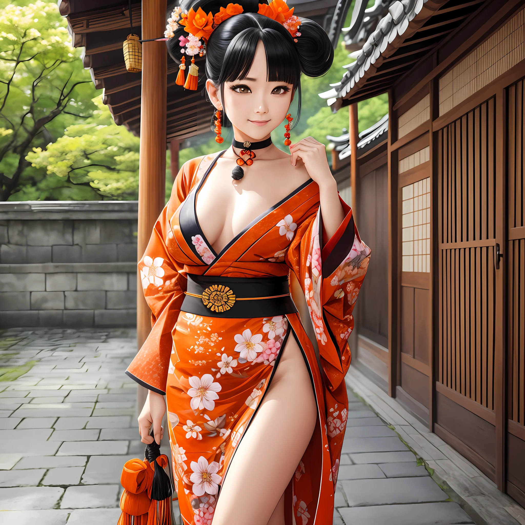 masterpiece, best quality, highres, 1girl, black hair, medium hair, asymmetrical hair, floating hair, hair between eyes, high ponytail, side locks, hair ornament, fish hair ornament, tassel, kanzashi, bangs, orange eyes, open mouth, smile, teeth, upper teeth only, choker, red choker, choker with pendant, butterfly choker, collarbone, collarbone, tattoo, chest tattoo, flower tattoo, neckline, medium breasts, thighs, bandages, bandaged leg, Sarashi, Budget sarashi, Sarashi breast, Black band, hadanugi dousa, houkisei, japanese clothes, kimono, kinchaku, obi, obiage, obijime, orange kimono, handbag, printed kimono, rope, band, shimenawa, short kimono, single shoulder naked, vision (genshin impact), east asian architecture, cherry blossoms, full body, arms behind head,