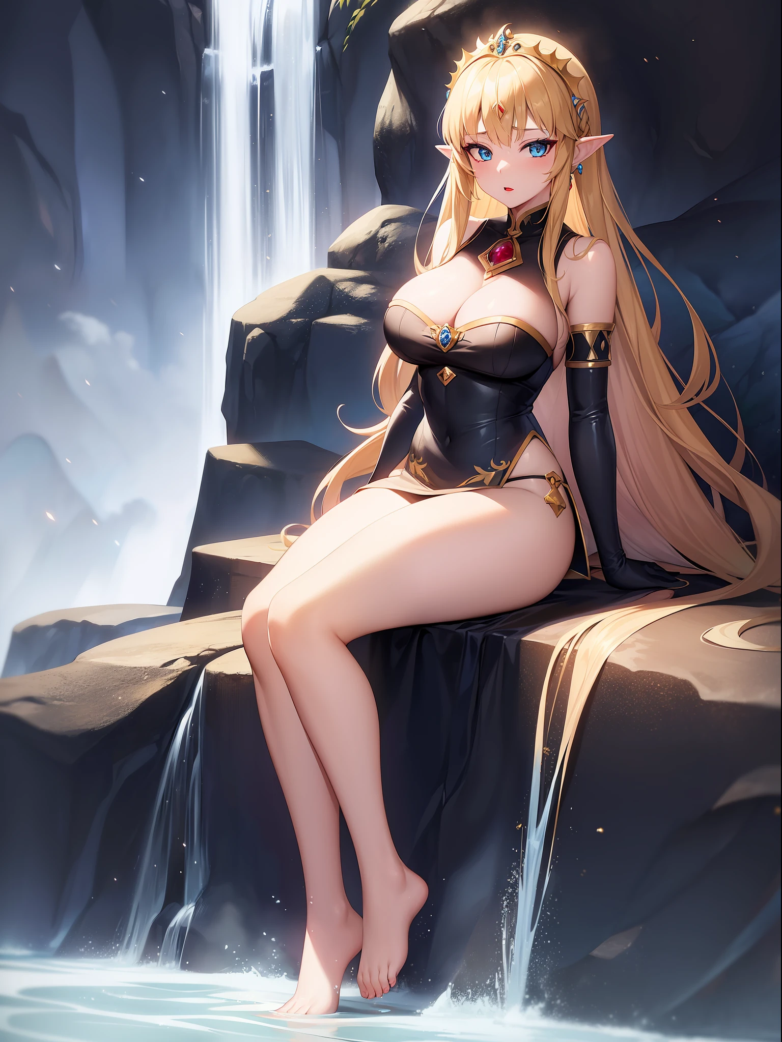 ((full-body photo, feet on the ground, front view)). Princess Zelda, {big breasts, red cheeks, red lipstick on her mouth, looking at the viewer}, ({black outfit with gold trim/maid's outfit with short shorts)}, she's bathing in a waterfall in an open area falling water, clothes and hair soaked. She has {(short green hair, blue eyes)}, anime, anime style, motion blur, 16k, high quality, super detail, textured skin, anatomically correct, masterpiece, masterpiece, masterpiece, UHD, ccurate