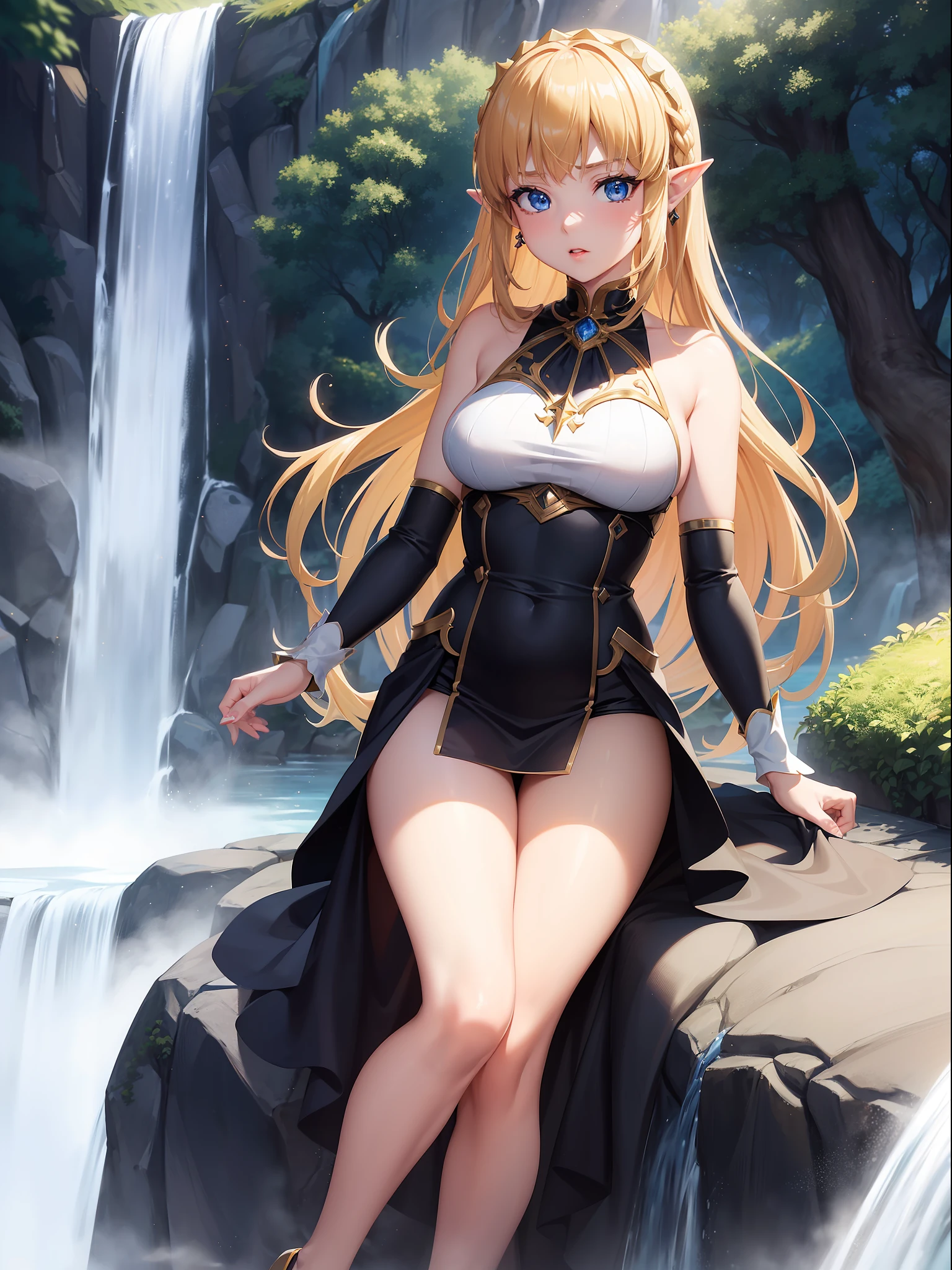 ((full-body photo, feet on the ground, front view)). Princess Zelda, {big breasts, red cheeks, red lipstick on her mouth, looking at the viewer}, ({black outfit with gold trim/maid's outfit with short shorts)}, she's bathing in a waterfall in an open area falling water, clothes and hair soaked. She has {(short green hair, blue eyes)}, anime, anime style, motion blur, 16k, high quality, super detail, textured skin, anatomically correct, masterpiece, masterpiece, masterpiece, UHD, ccurate