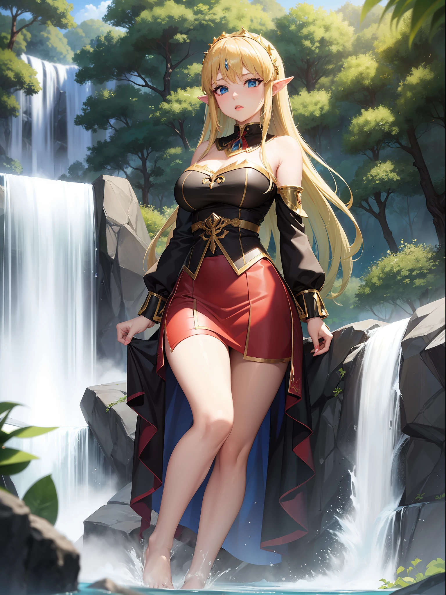 ((full-body photo, feet on the ground, front view)). Princess Zelda, {big breasts, red cheeks, red lipstick on her mouth, looking at the viewer}, ({black outfit with gold trim/maid's outfit with short shorts)}, she's bathing in a waterfall in an open area falling water, clothes and hair soaked. She has {(short green hair, blue eyes)}, anime, anime style, motion blur, 16k, high quality, super detail, textured skin, anatomically correct, masterpiece, masterpiece, masterpiece, UHD, ccurate