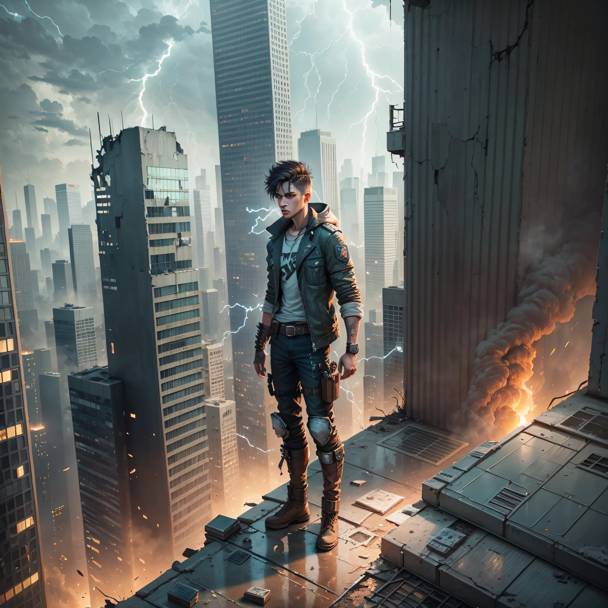 A young man in a post-apocalyptic world, on top of a building, looking out over the shattered streets around him, the sky is dark and full of lightning --auto --s2