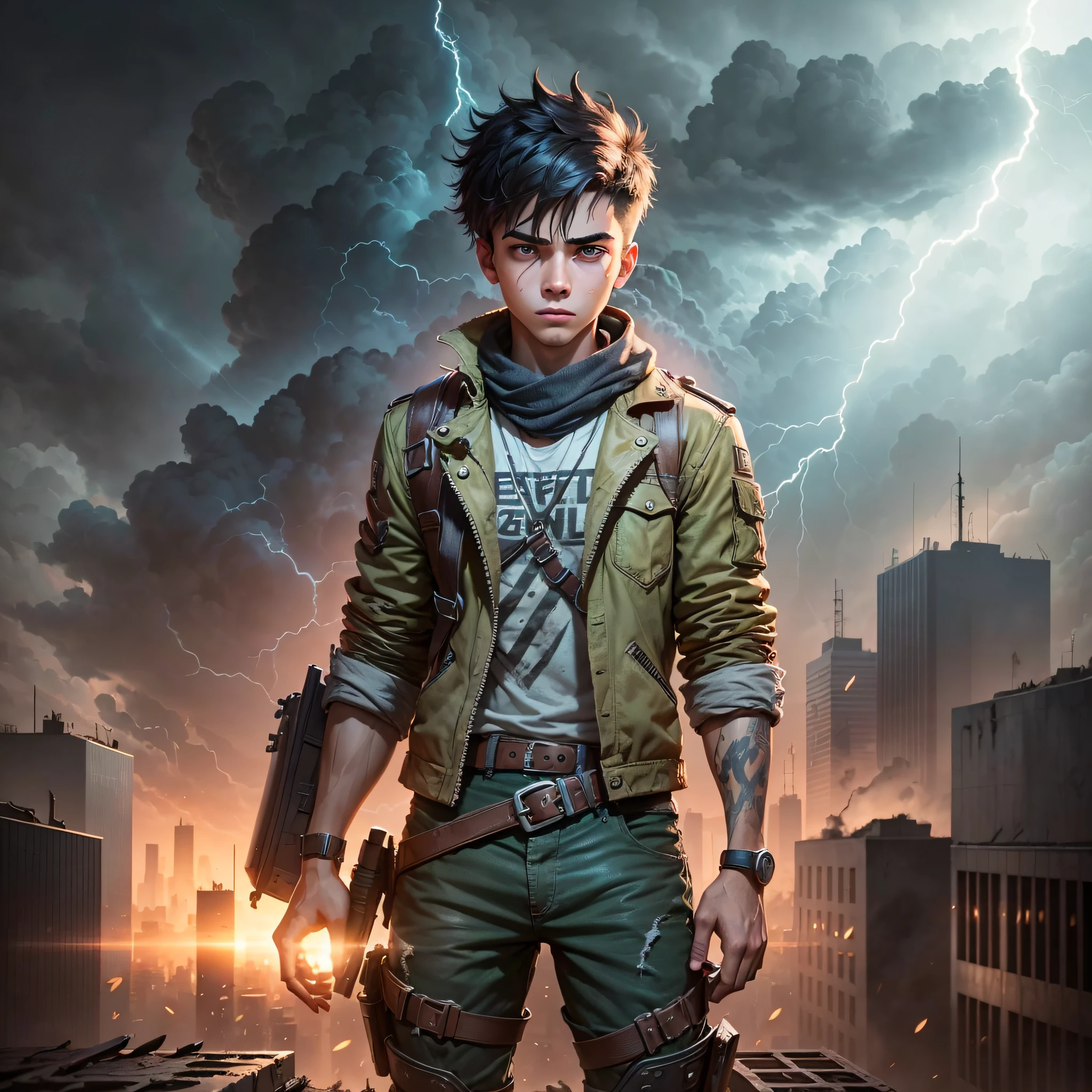 A young man in a post-apocalyptic world, on top of a building, looking out over the shattered streets around him, the sky is dark and full of lightning --auto --s2