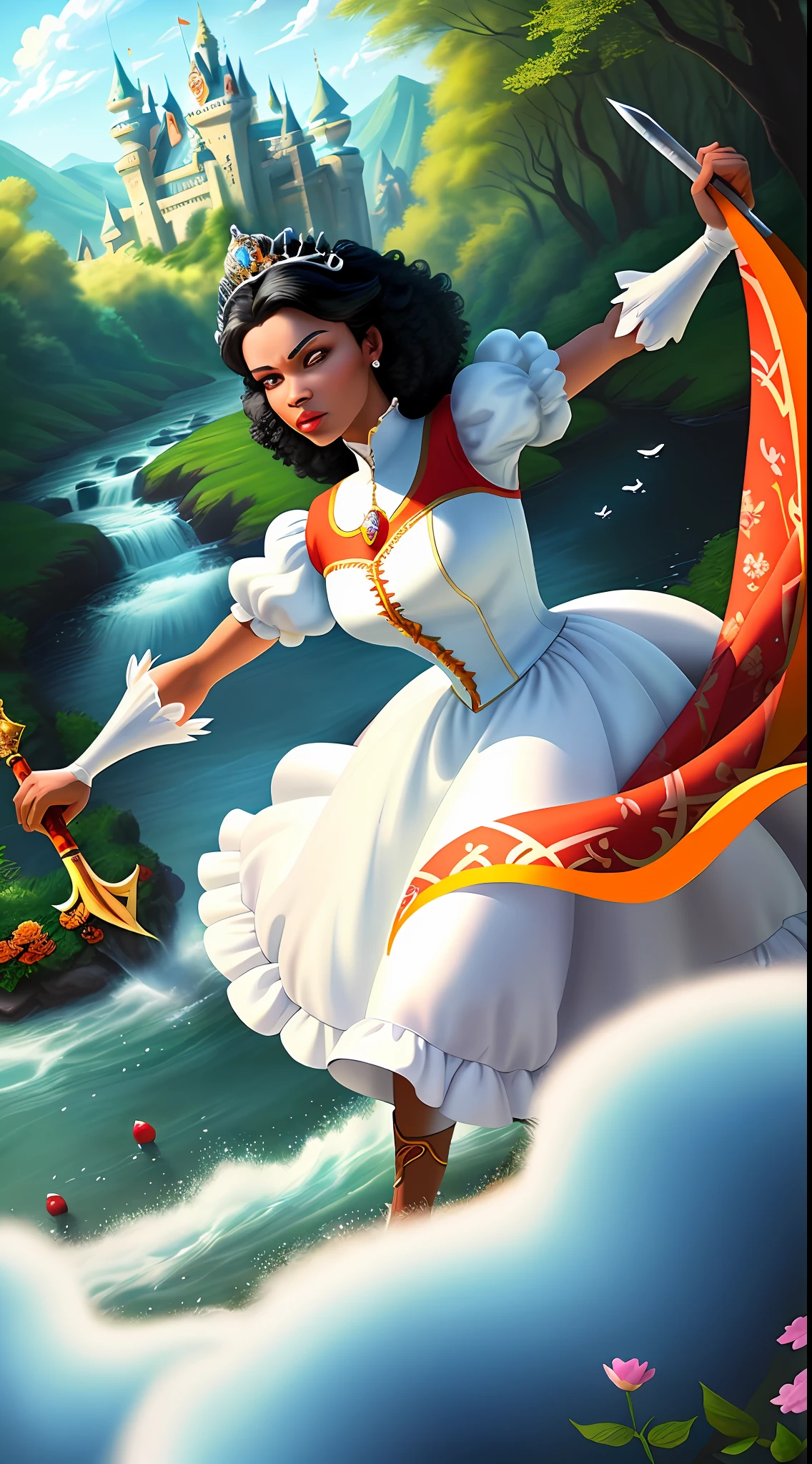 a middle-aged Afro Snow White Disney Princess fighting with a sword wearing a crown in the forest with many cute animals near her, dancing first-person view. Many flowers of various colors. A sunny day. with a river and a fairytale castle in the background. Walt Disney cartoon style, angry, masterpiece. With orange and red roses, from outside. Snow White playing with animals, Wide-Angle, f/2.8, Canon, wide shot, from above, from below, first-person view, , sideways, polar opposites, social media composition. A summer day.