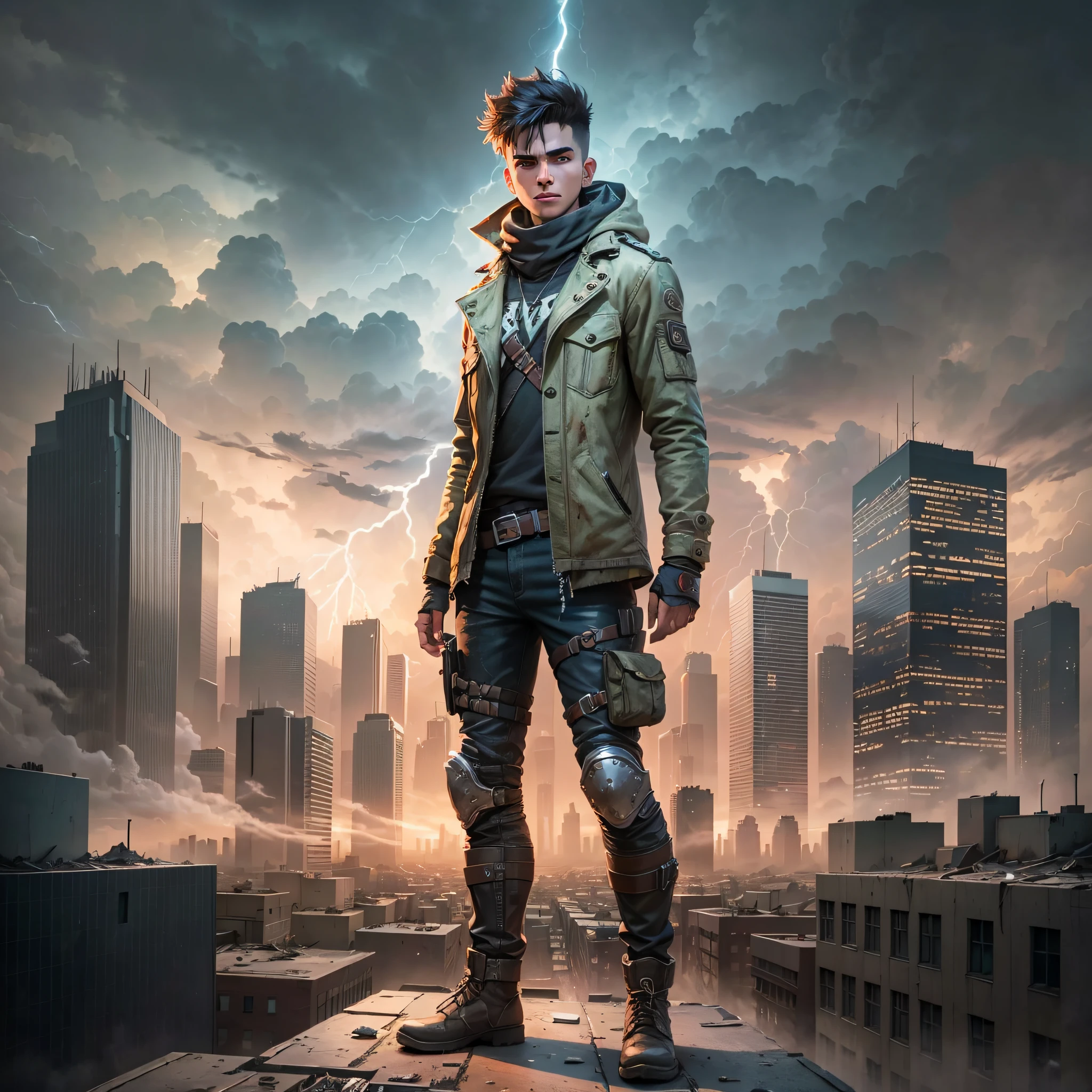 A young man in a post-apocalyptic world, on top of a building, looking out over the shattered streets around him, the sky is dark and full of lightning --auto --s2