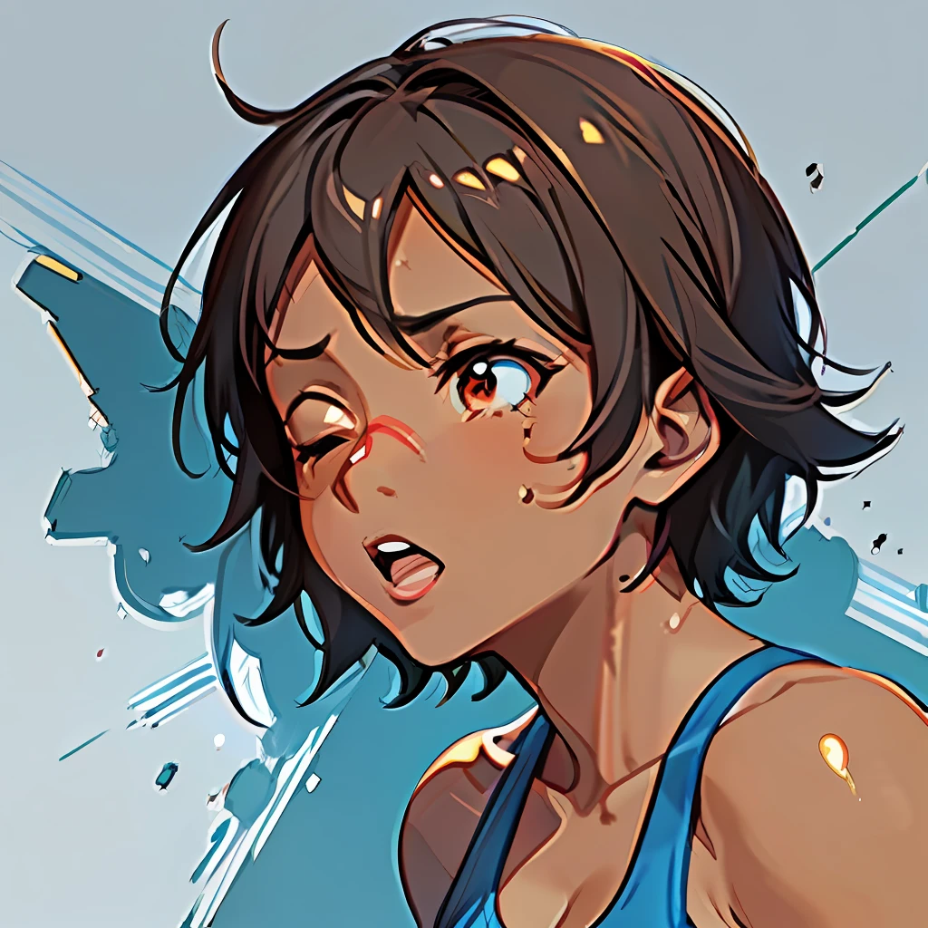 Mocha brown short cut woman. ((A woman is beaten in the face with red boxing gloves)). ((wearing a blue sports bra)). One eye is closed. Sweat and tears. Close-up image. Sideways face. One woman