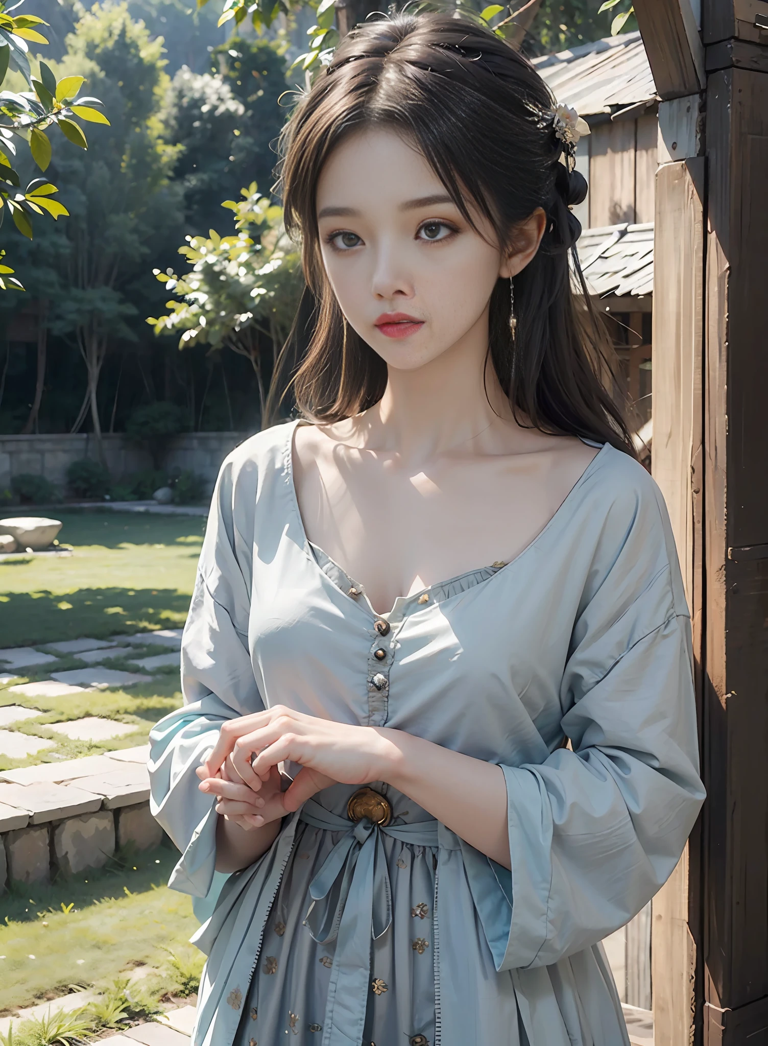 High quality, masterpiece, masterpiece, exquisite facial features, delicate hair, delicate eyes, delicate colored hair, 4K picture quality, brilliant light and shadow, Tyndall effect, halo, messy hair, youthful state, gorgeous scene, exquisite clothes, chains, feathers, big eyes of ancient Chinese beauty very detailed, digital painting, artstation, concept art, clear focus, illustration, (full body 2.0), greg rutkowski and alphonse mucha and victo ngai of art