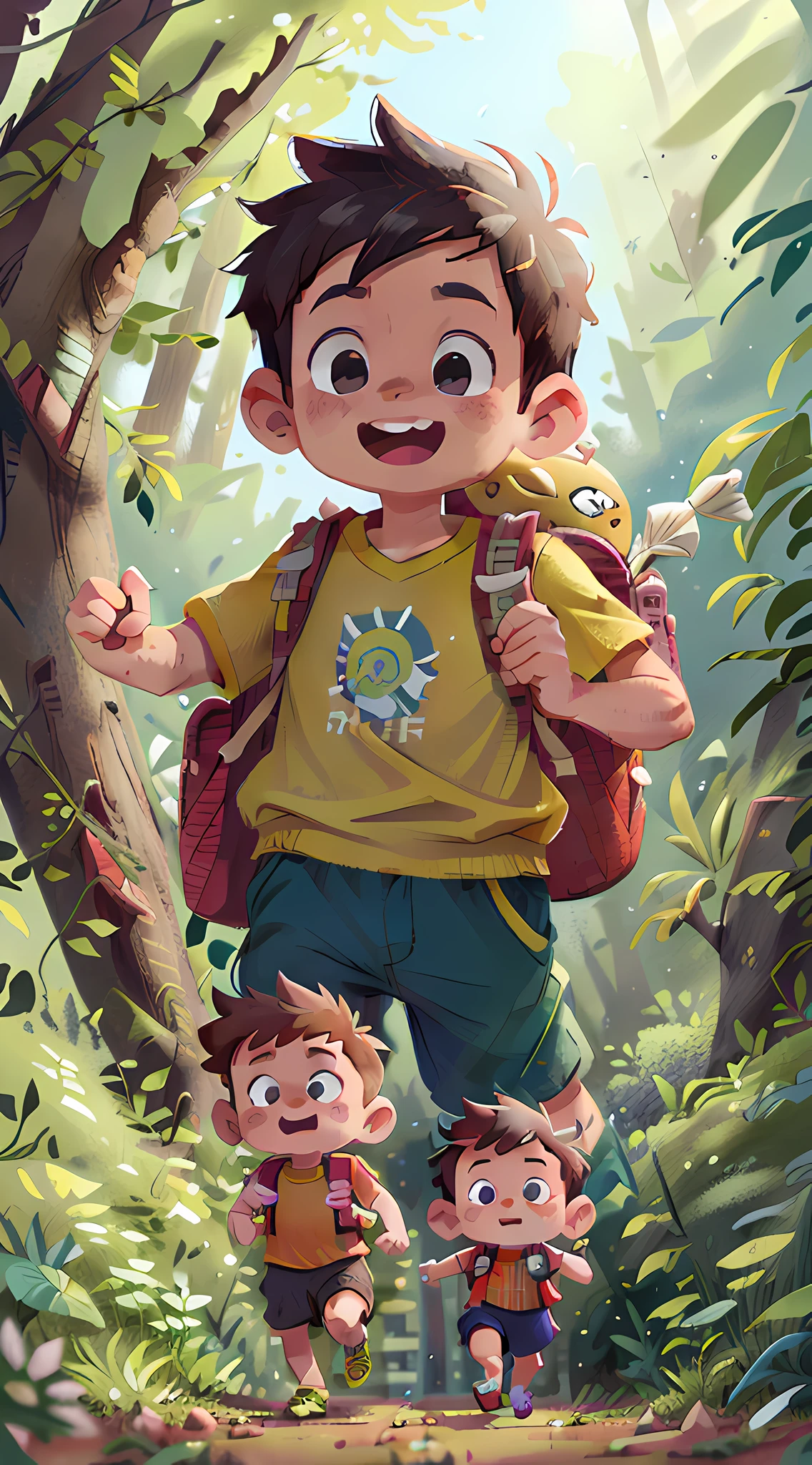 (SFW), two running boys, spring outing, happy, backpack on back, little car toy in hand, forest in the background, perfect quality, clear focus, colorful, perfect face, intricate details, ultra-low viewing angle, wide angle lens