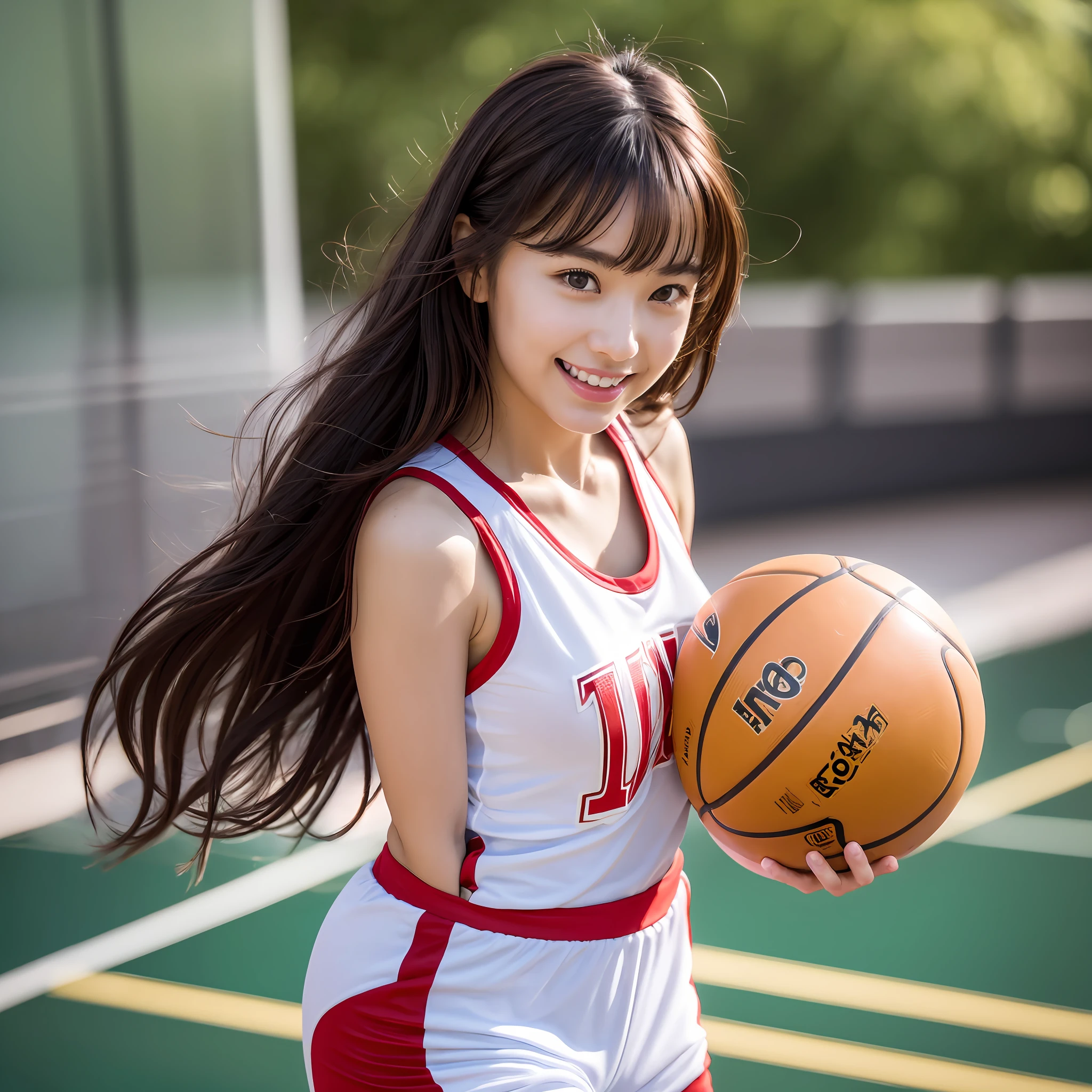 (8k, ultra high res, best quality, masterpiece:1.1), (realistic, photo-realistic:1.1), ultra-detailed, bloom, bokeh, cinematic lighting, light glow, 1girl, japanese girl, (athlete:1.1), beautiful detailed eyes, beautiful detailed teeth, smile, (full body:1.1), slim, large breasts, black curly hairstyle, bangs, heart-shaped face, upturned eyes, straight nose, shallow philtrum, natural thin lips, basketball, red basketball jersey, basketball court,