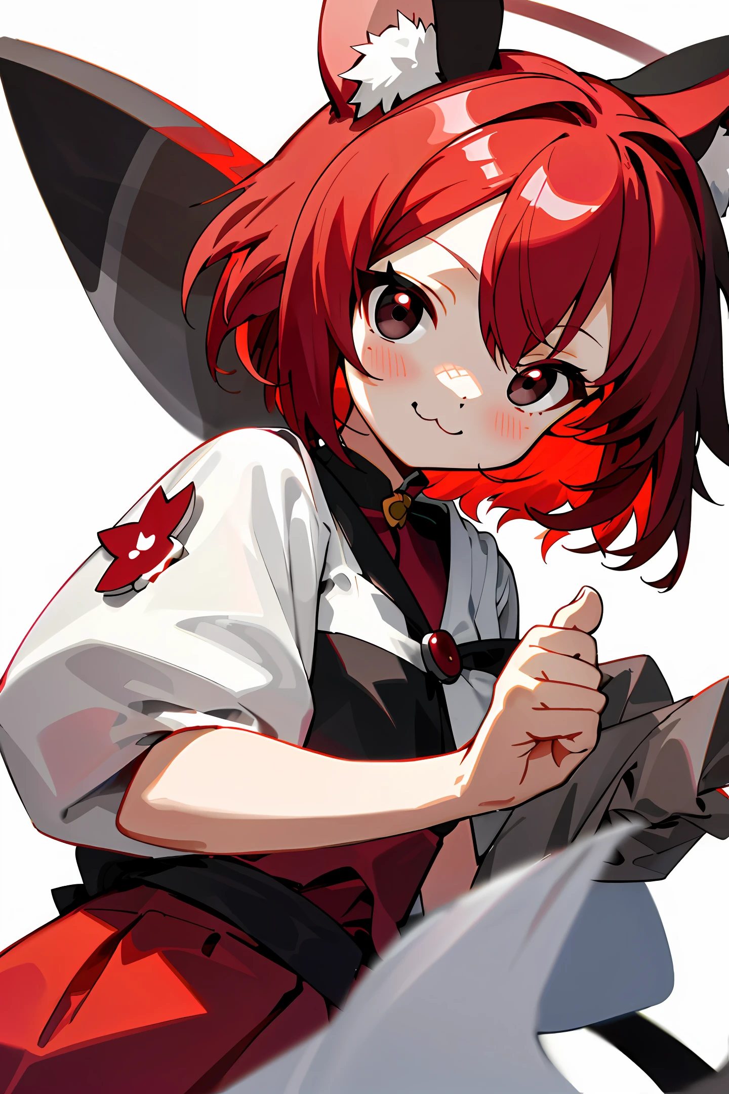 masterpiece, Best quality, Sakura VRC, 1 girl, Solo, Short hair, Red hair, Black eyes, Chibi, Animal ear fluff;3, Cat Mouse, Self-righteous, Simple background, White background, Gray background,
