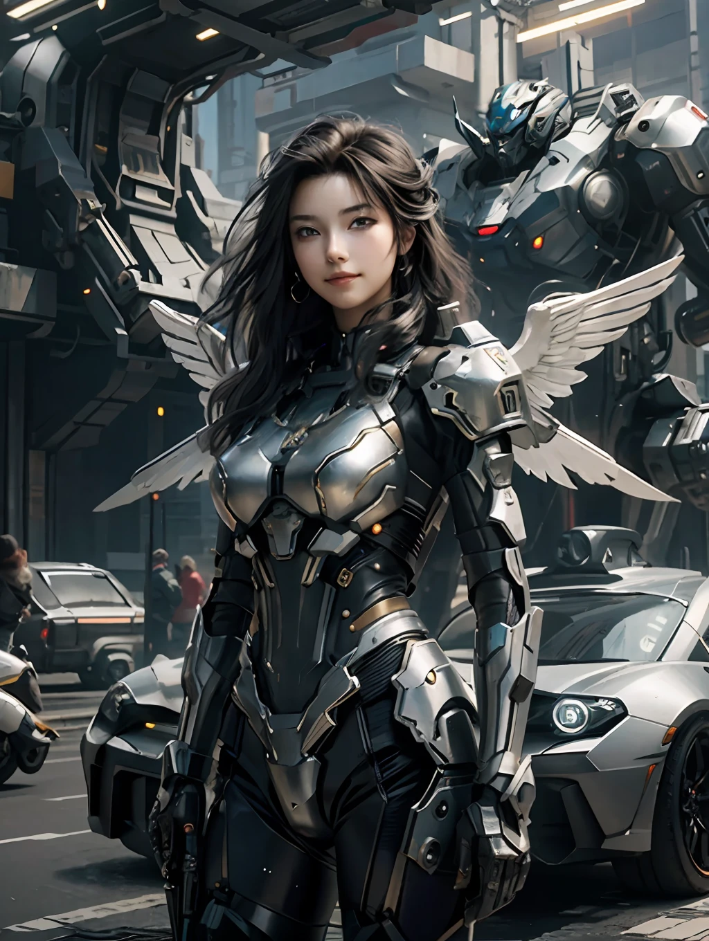 masterpiece,(bestquality),highlydetailed,ultra-detailed,1girl,(mechanicalwings:golden,glowingeyes:blue,silverarmor:1.2,elongatedears:0.8),(cyberpunkcity:1.5,weapon:energyblade),(fantasylandscape:1.2,natural lighting:1.5,confidentexpression),(panorama:1.2),mecha, smile,angle,Angels, wings,
