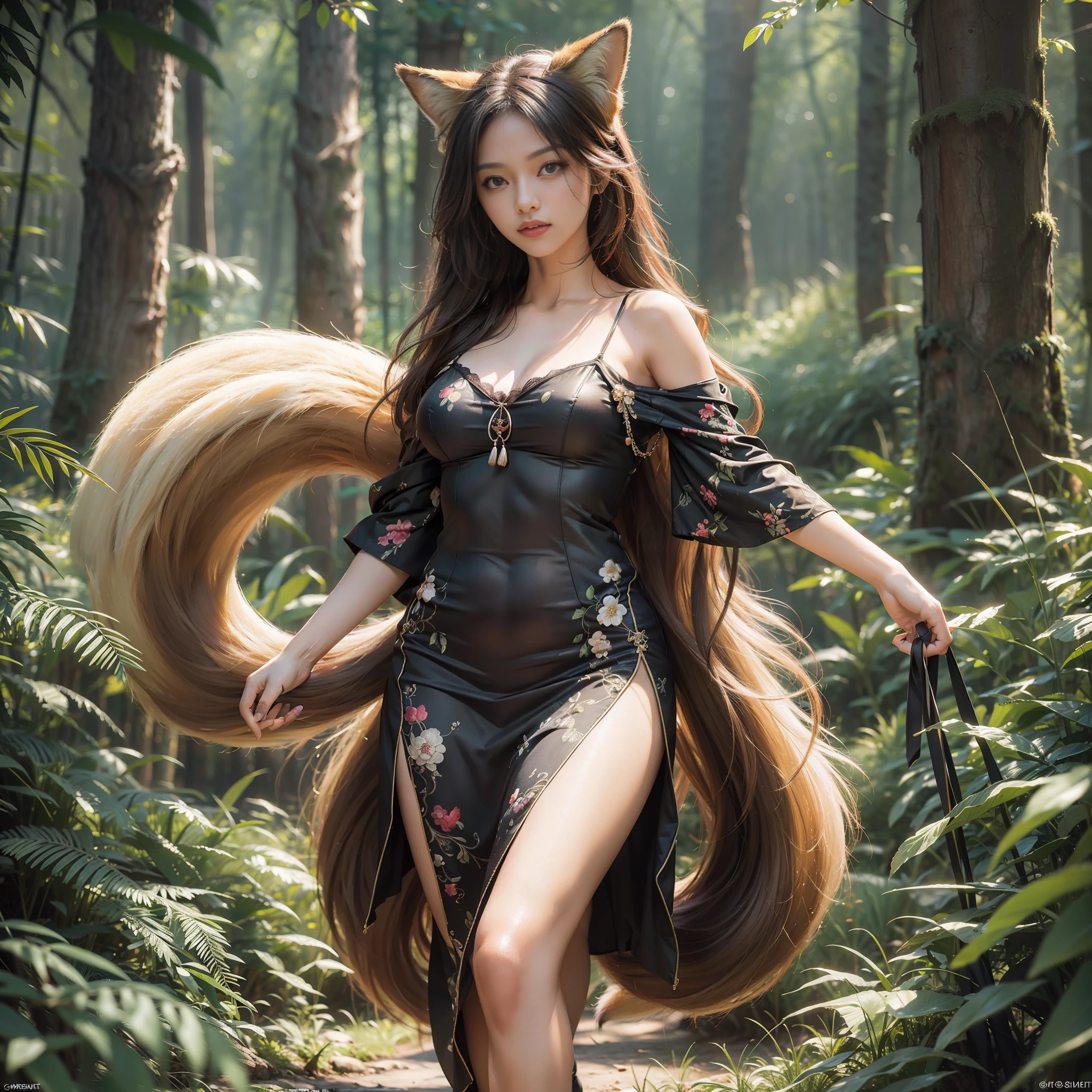 (masterpiece), (best quality), 8k resolution, ultra-detailed, hyper-detailed, realistic, photograph, photorealism, (1girl), girl with fox tail, in the forest, beautiful girl, slip dress, stunning beauty, stand, cool pose, sexy, cinematic light, happy, full body