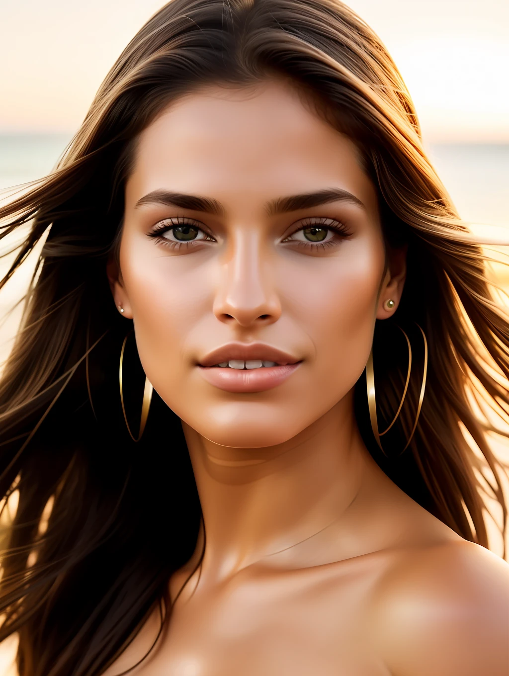 Cinematic soft lighting illuminates a stunningly detailed and ultra-realistic beautiful Brazilian supermodel, beach look, long messy windy brown hair, clear honey eye, captivating perfect smile, sensual, hot woman, gorgeous, that is trending on ArtStation. Octane is the perfect tool to capture the softest details of this 16k photography masterpiece.