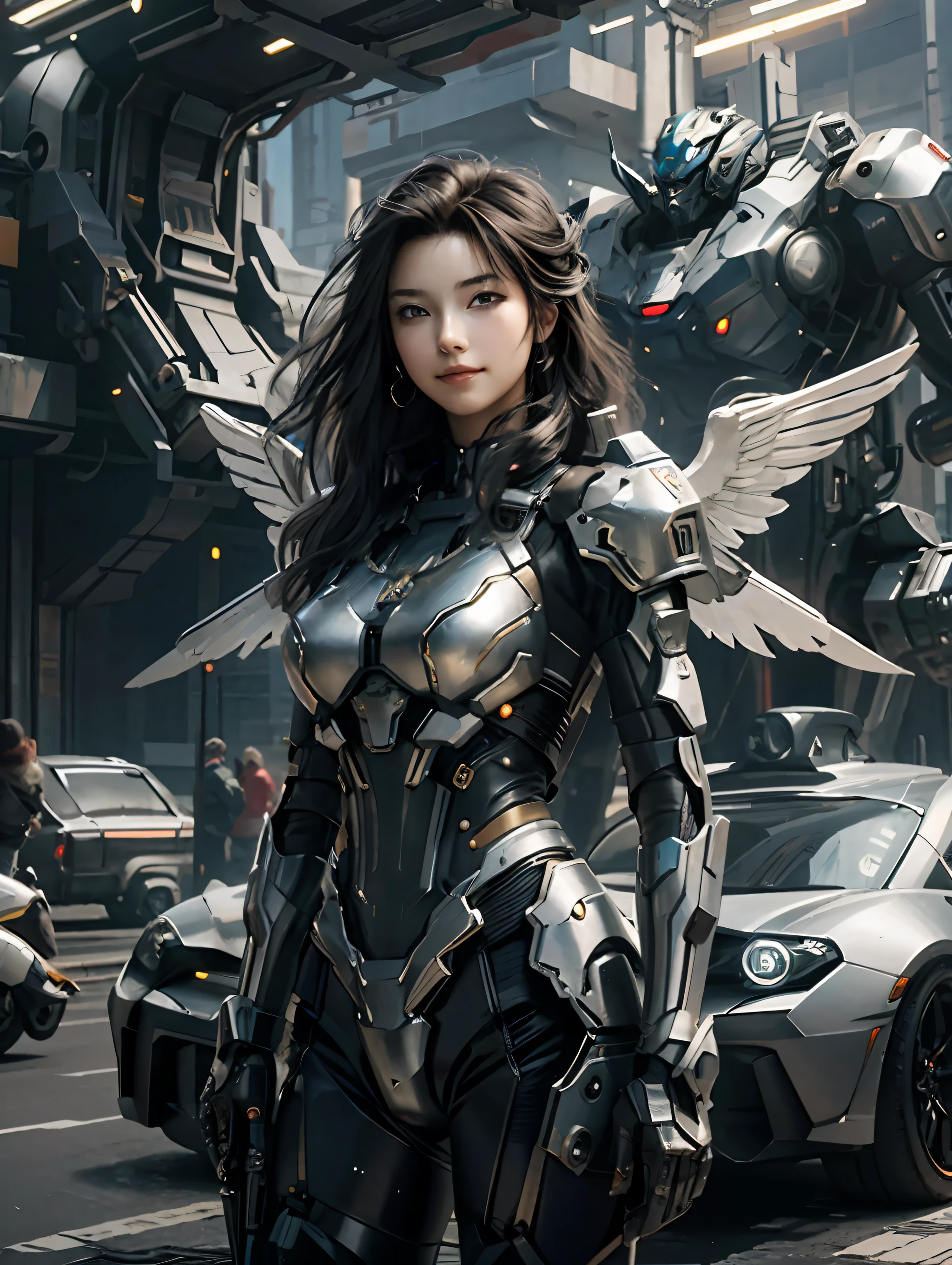 masterpiece,(bestquality),highlydetailed,ultra-detailed,1girl,(mechanicalwings:golden,glowingeyes:blue,silverarmor:1.2,elongatedears:0.8),(cyberpunkcity:1.5,weapon:energyblade),(fantasylandscape:1.2,natural lighting:1.5,confidentexpression),(panorama:1.2),mecha, smile,angle,Angels, wings,