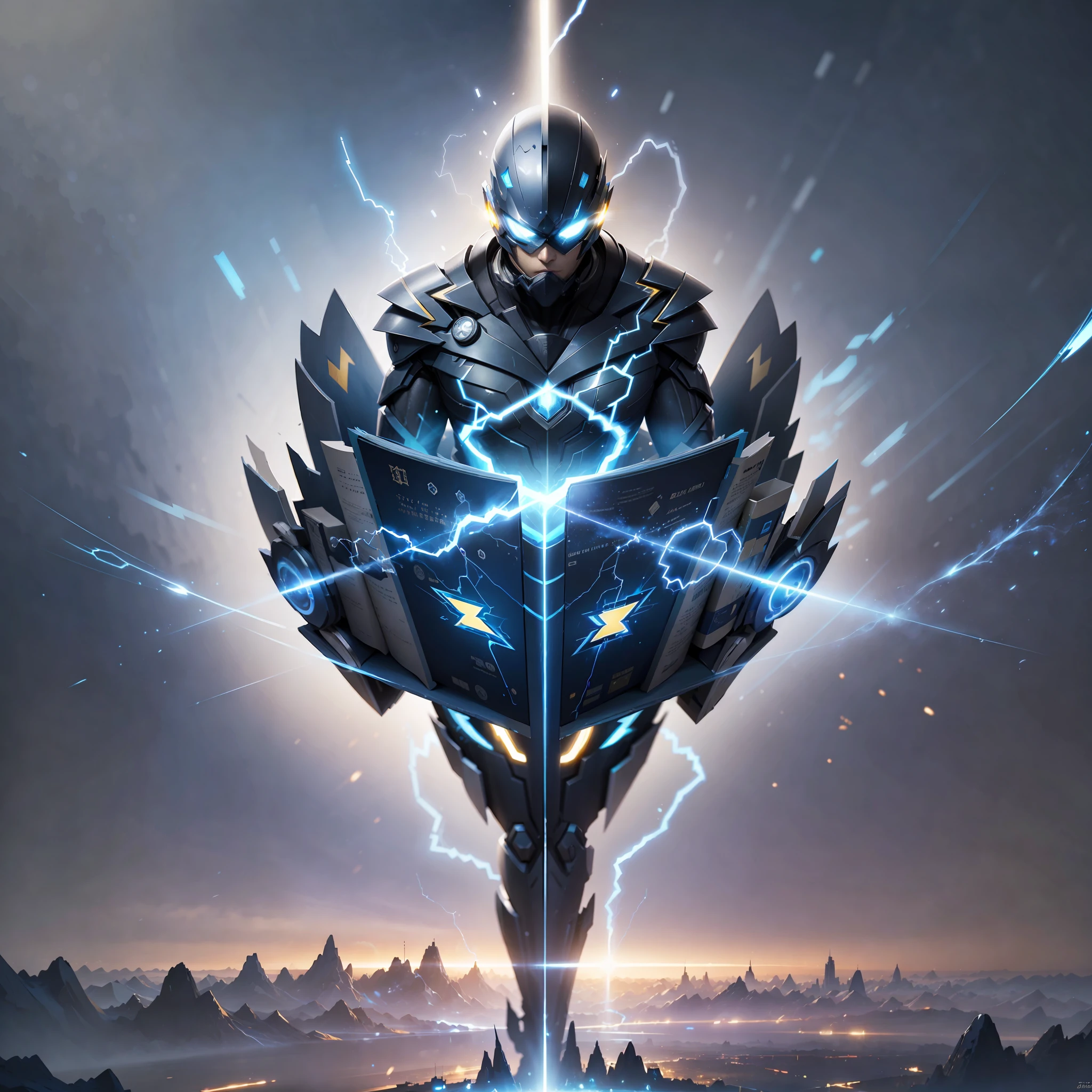 (A mysterious book with blue and black lightning particles emitting around), 3D rendering, movie special effects, cinematic lighting, clear HD, 8K resolution, very detailed, digital painting, concept art, Shinkai Makoto style, pop popularization trend, pop, pop trend on pixiv.