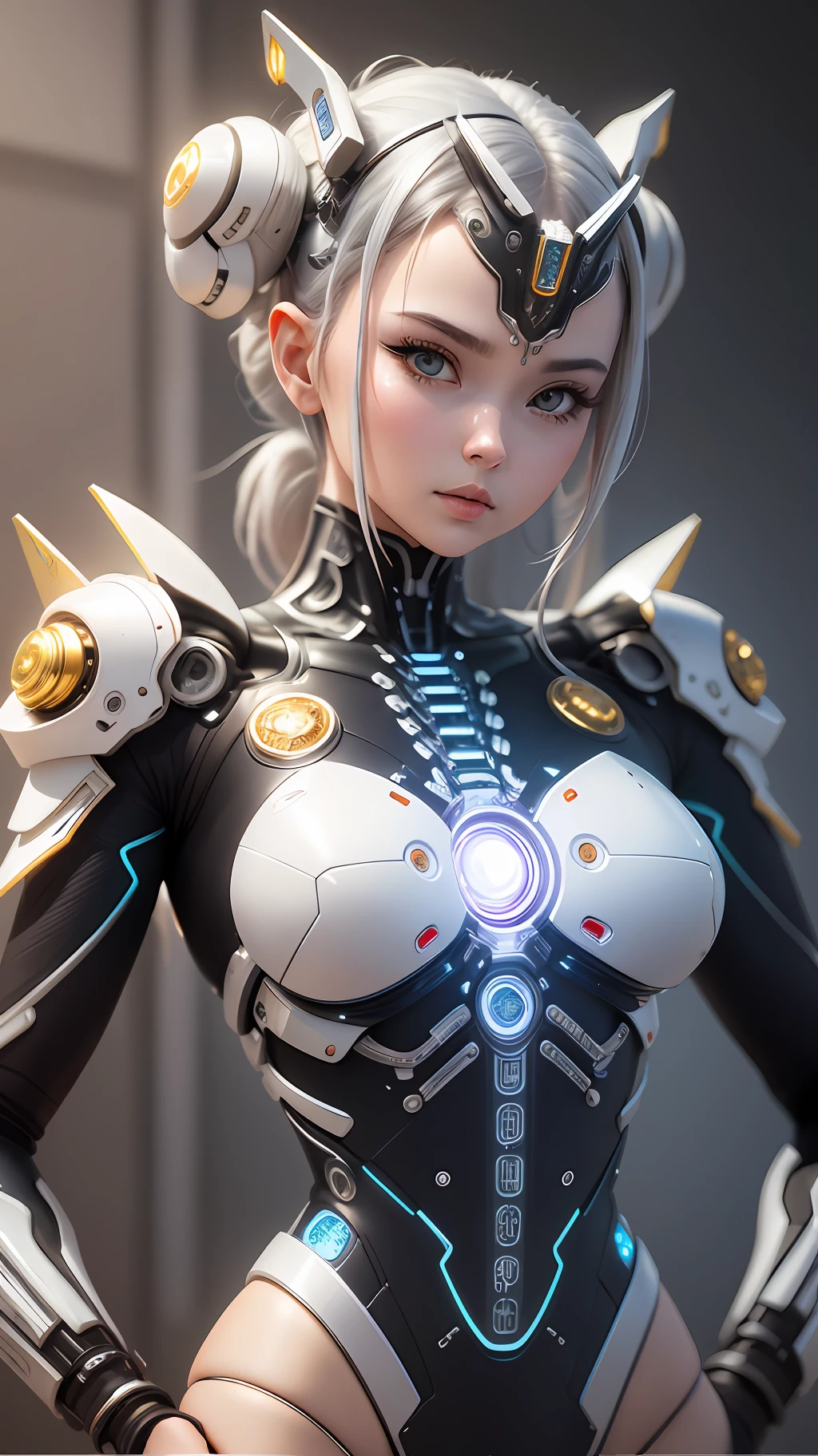 Character Sheet, complex 3d render ultra detailed of a beautiful Japanese girl android cyborg, robotic parts, beautiful studio soft light, rim light, vibrant details, luxurious cyberpunk, android body made of white and silver transparent glass and plastic, , silver metal internal body mechanisms, dynamic pose, flowing organic components, detailed engraving, lacework designs, glowing golden circuitry, art by H.R. Giger, Greg Rutowski